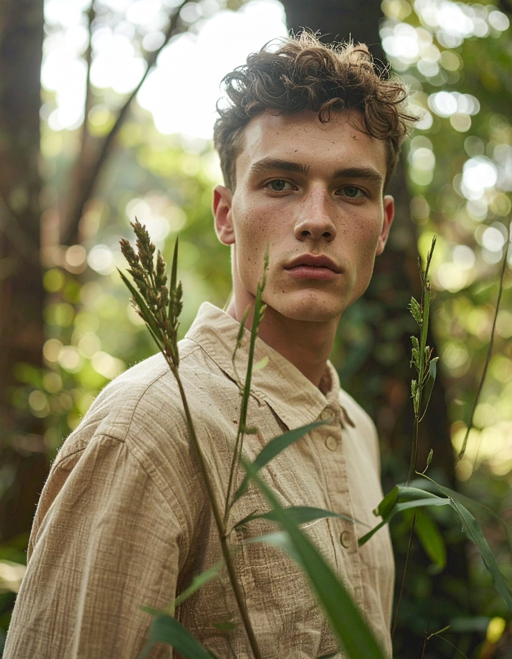 Young man stands in a lush forest setting, exuding a sense of tranquility
