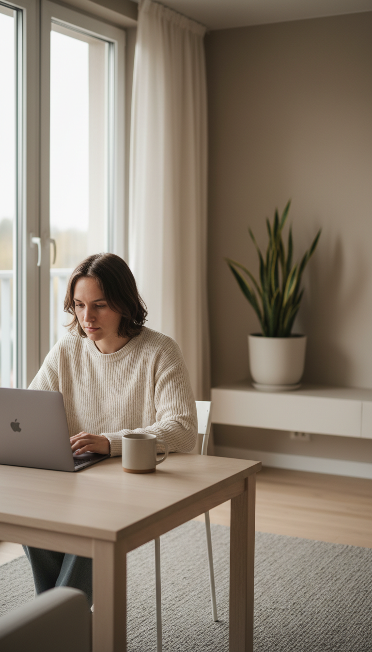 A person is working on a laptop at a neat wooden desk in a well-lit room