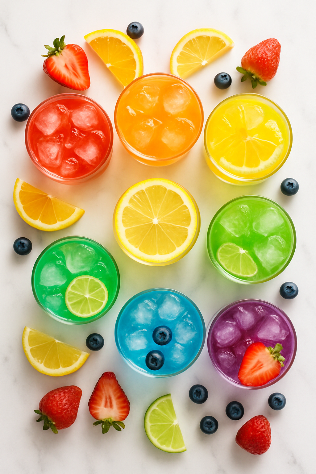 A vibrant assortment of colorful, fruity beverages arranged on a white marble surface