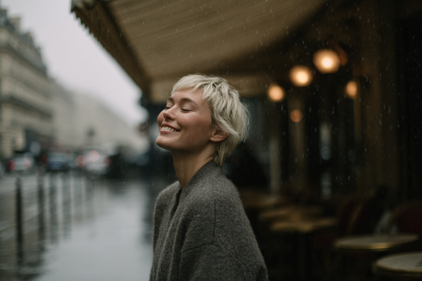 Mulher sorridente com cabelo curto e loiro, vestindo um suéter cinza, desfrutando de uma chuva leve em uma rua urbana. O fundo apresenta mesas de café e edifícios típicos, criando uma atmosfera acolhedora e nostálgica.