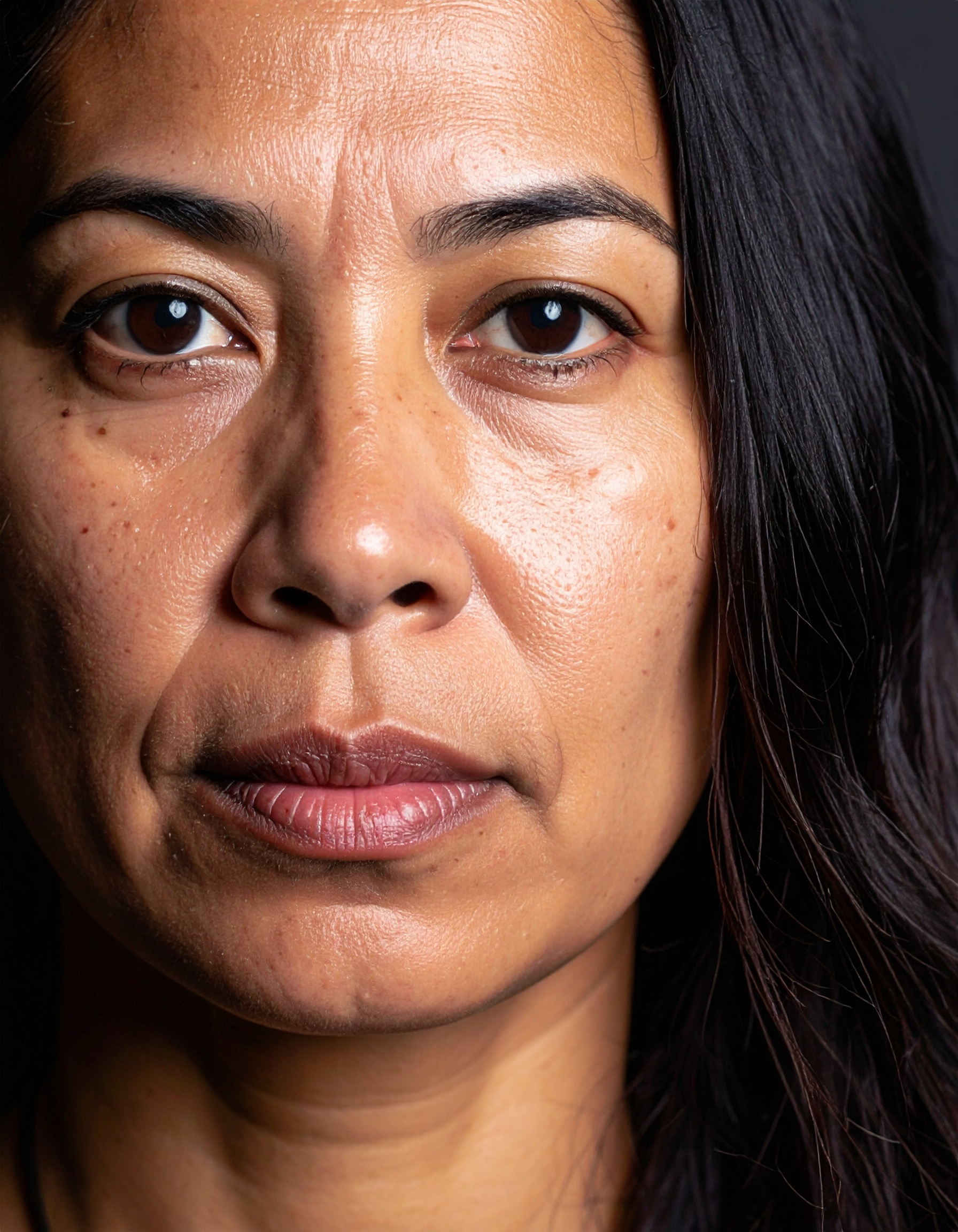 A close-up portrait highlights a woman's natural skin texture and expression