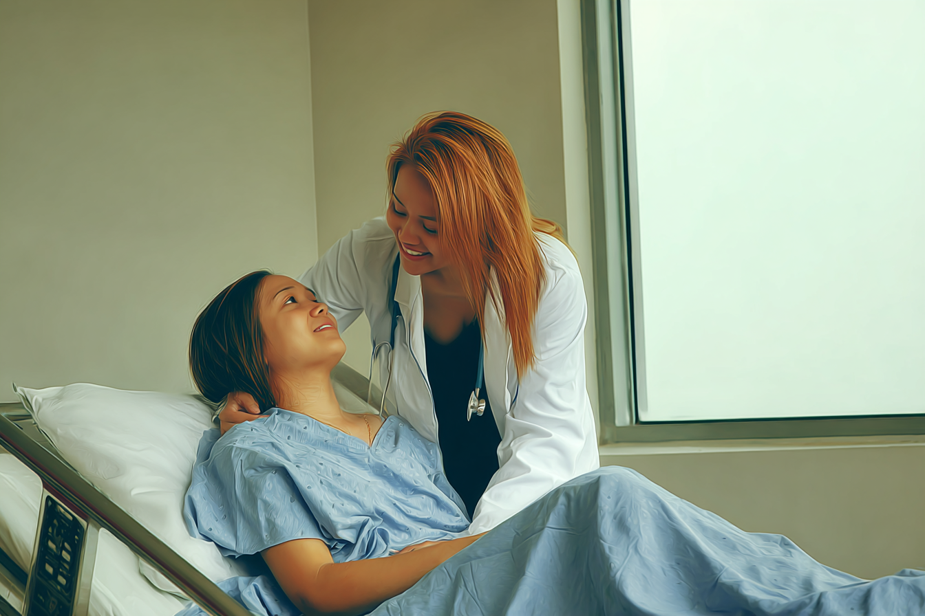 Cena hospitalar tranquila com médica sorridente consolando paciente deitada em cama, ambas em foco suave, luz natural entrando pela janela, criando atmosfera acolhedora e esperançosa.
