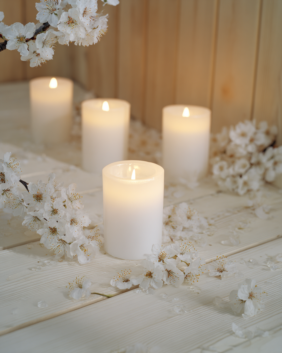 Quatro velas brancas acesas dispostas sobre uma superfície de madeira clara, rodeadas por delicadas flores brancas, criando uma atmosfera serena e relaxante. A iluminação suave e quente das velas destaca a textura da madeira e das pétalas, enquanto o fundo neutro e a composição simétrica aumentam a sensação de tranquilidade e pureza na cena.