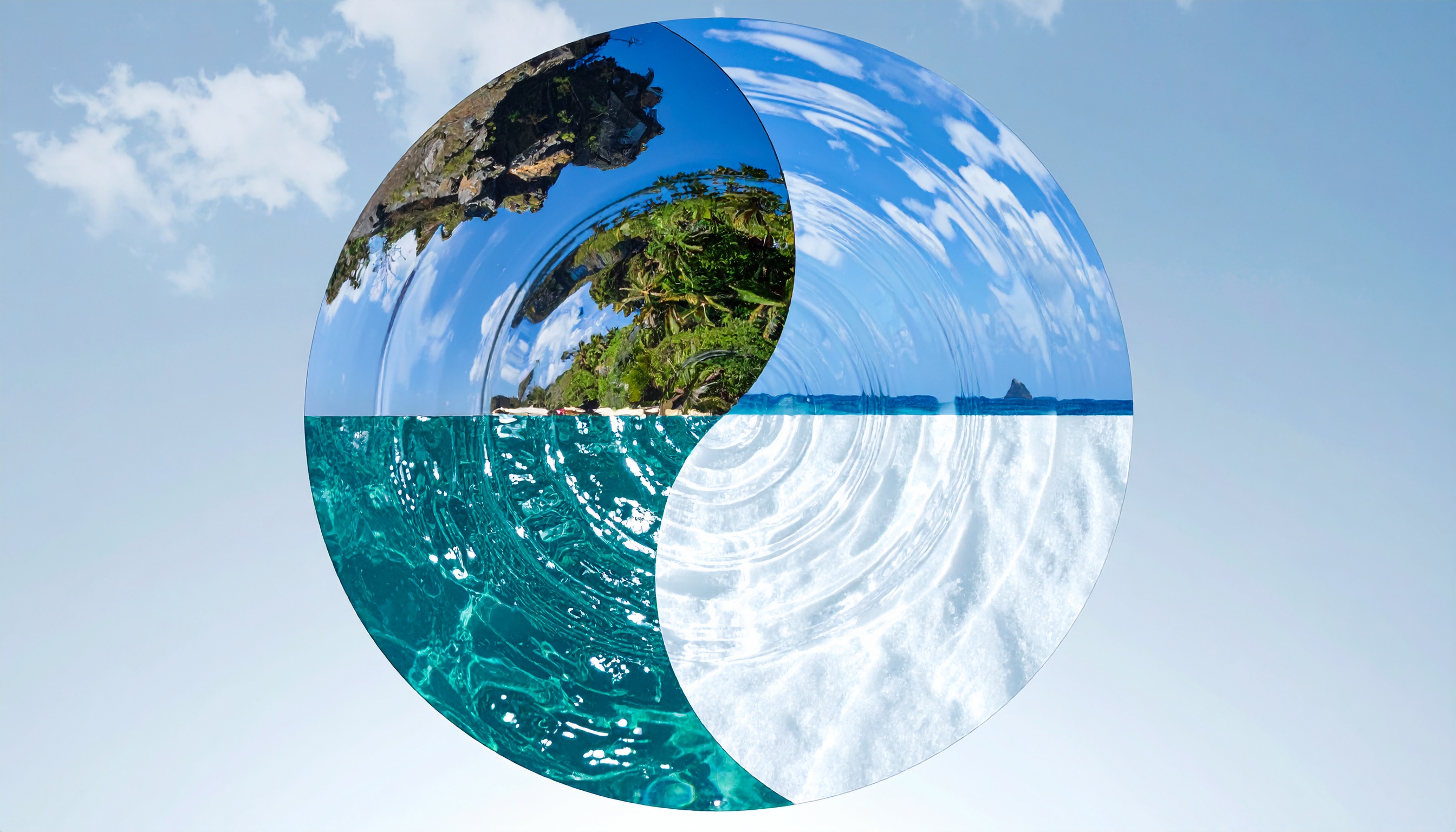 A yin-yang symbol is artfully created using images of nature, blending scenes of landscapes and