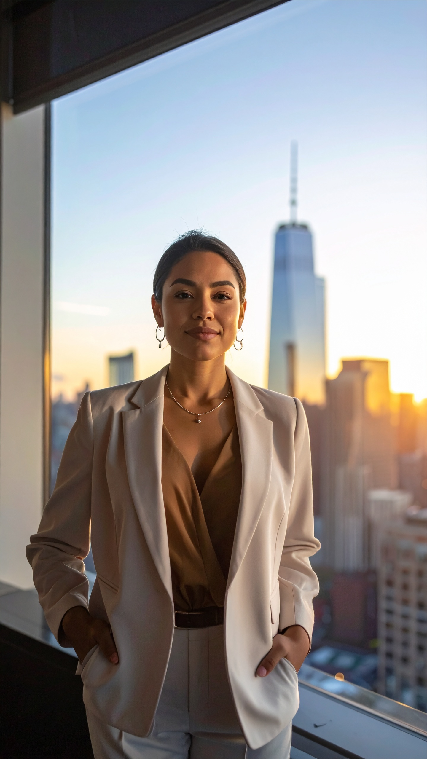 Mulher confiante em traje formal posa em escritório moderno com vista para arranha-céus de Manhattan ao pôr do sol, transmitindo profissionalismo e determinação.