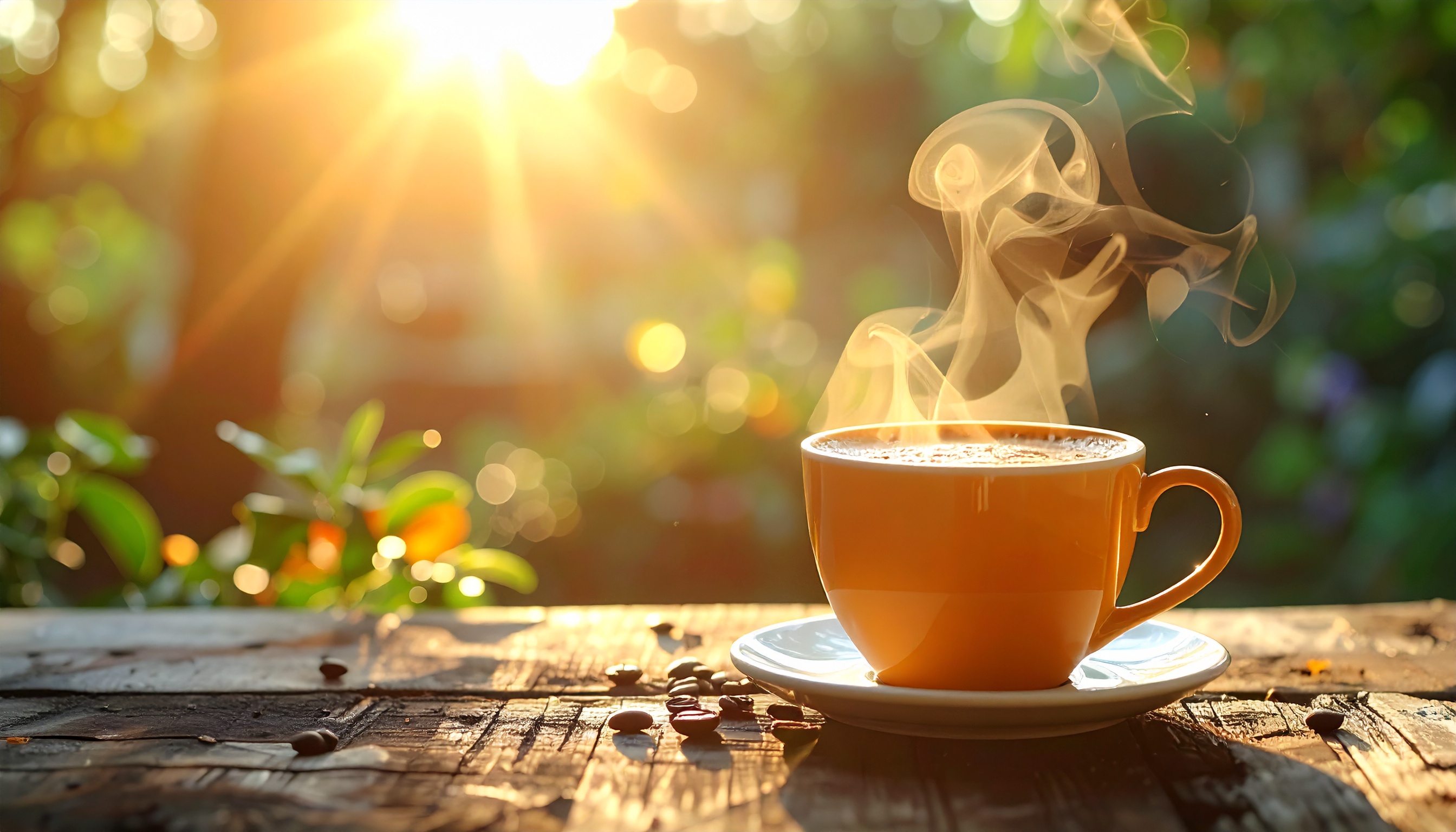 Steaming Coffee Cup on Rustic Wooden Table