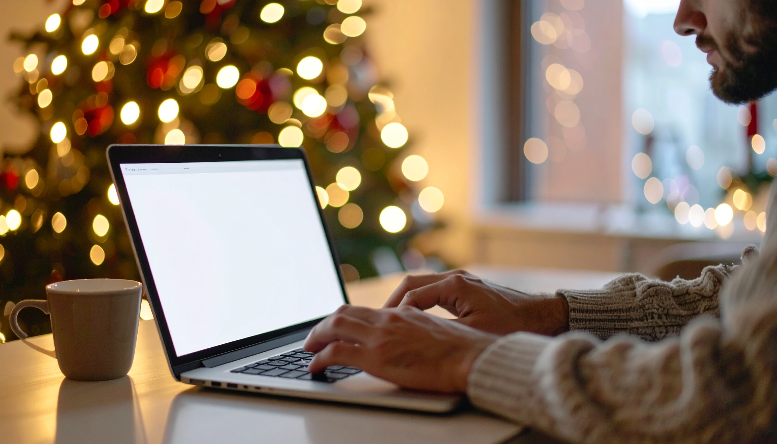 Person Typing on Laptop in Festive Christmas Setting