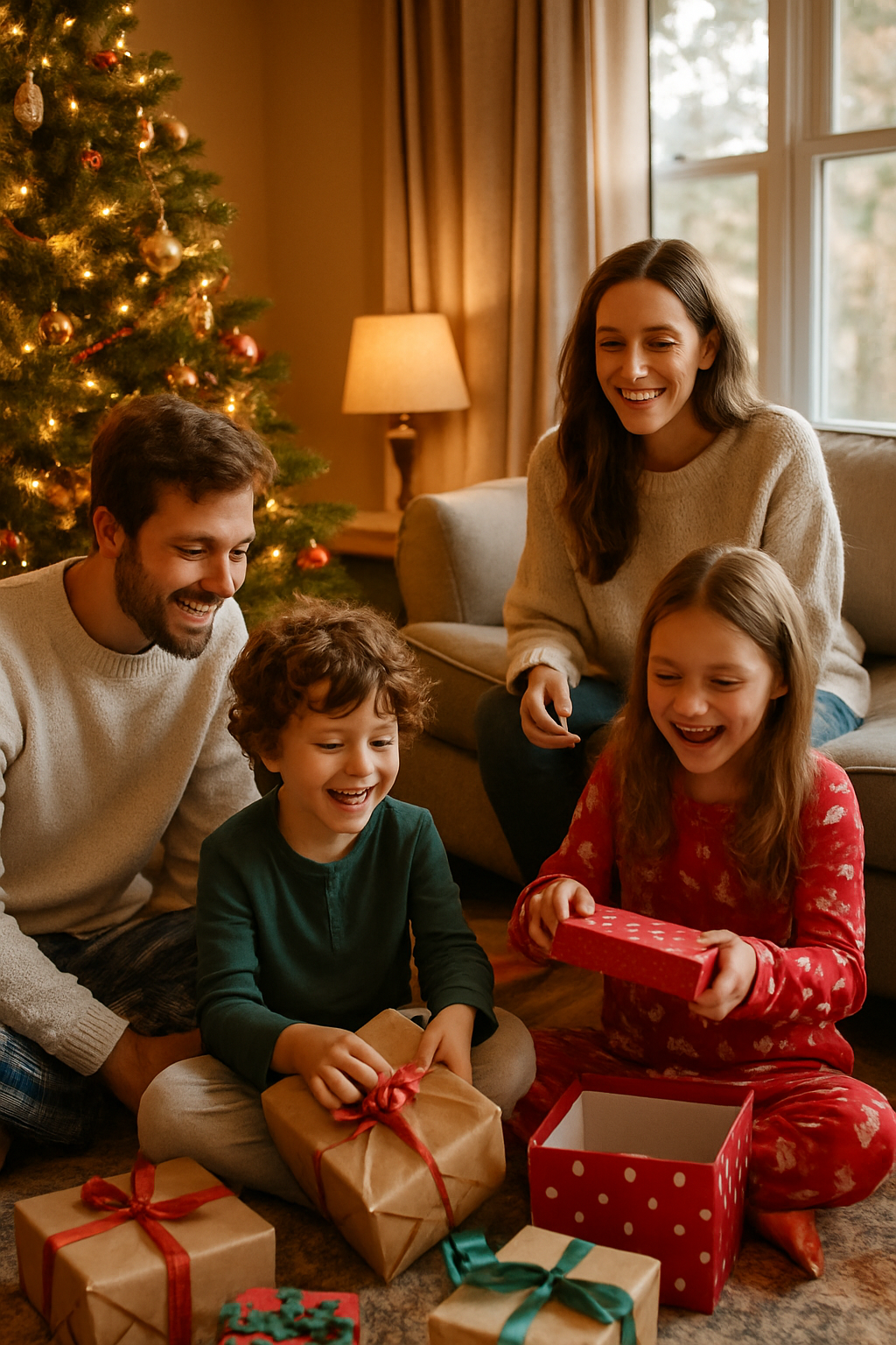 A joyful family gathers around a Christmas tree exchanging gifts