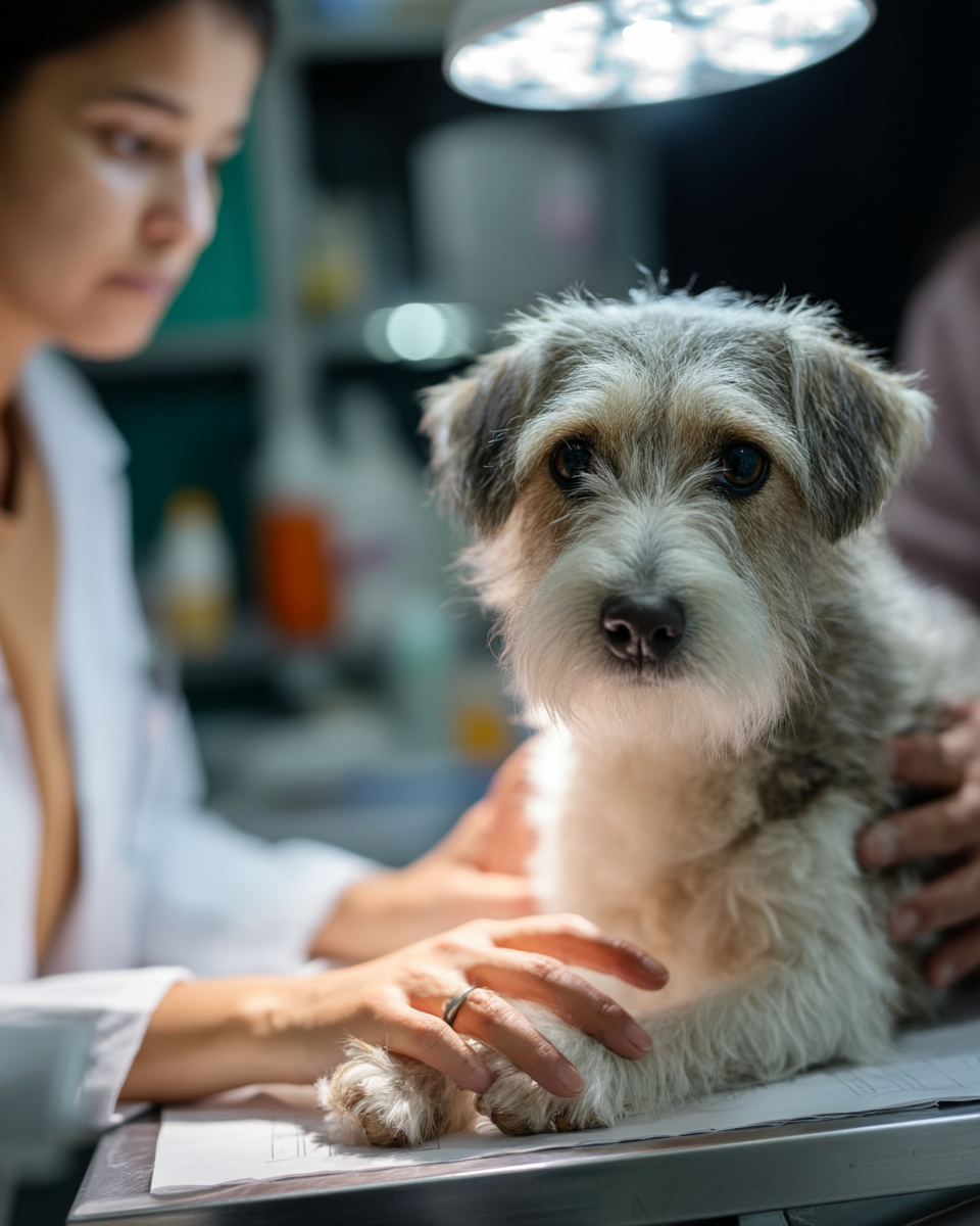 Um veterinário examinando um cachorro em um consultório veterinário, com iluminação adequada e foco no animal. O cachorro, de pelagem clara e aparência saudável, está sendo acariciado por mãos humanas, refletindo cuidados e atenção.