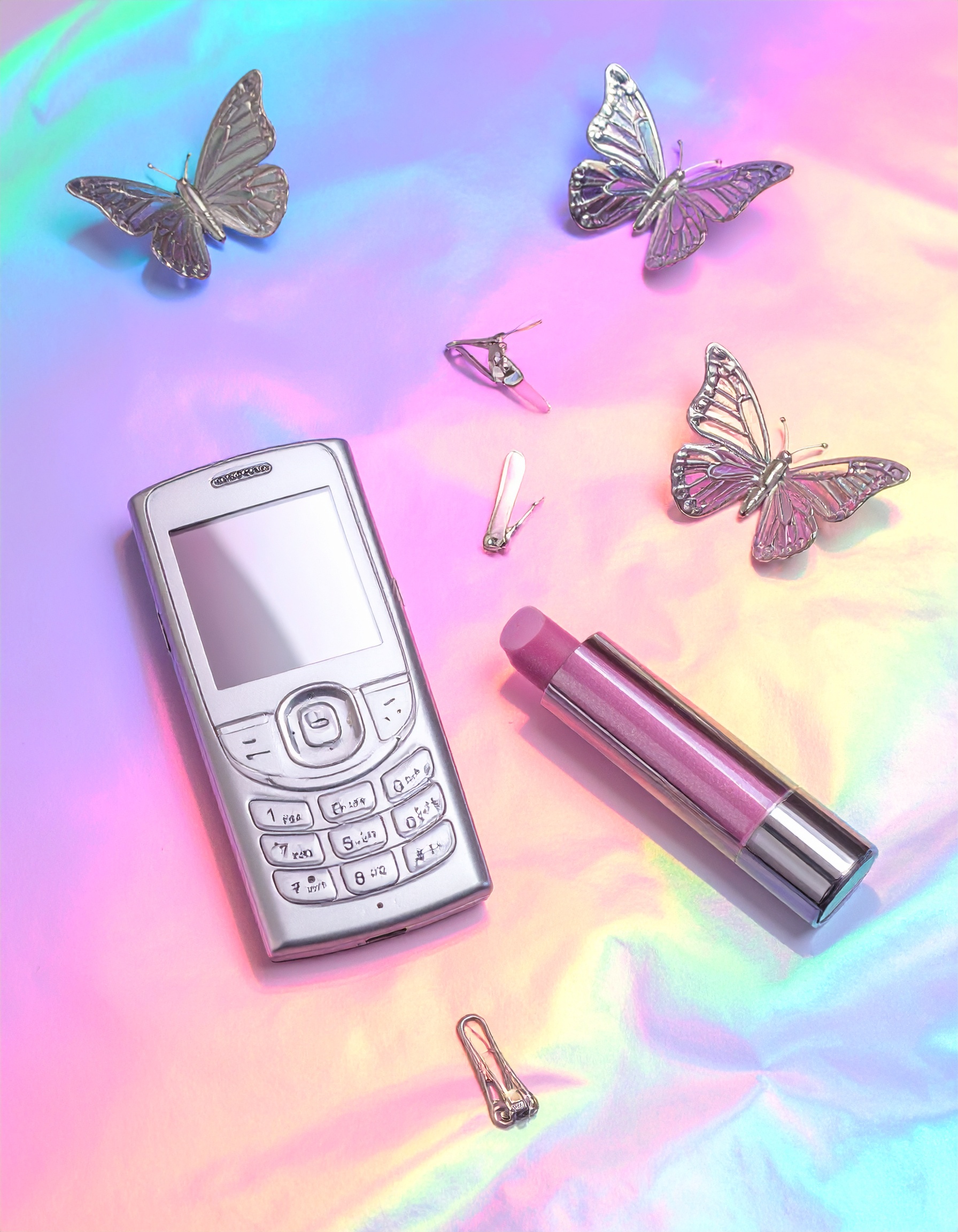 A retro mobile phone and pink lipstick rest on a vibrant iridescent surface