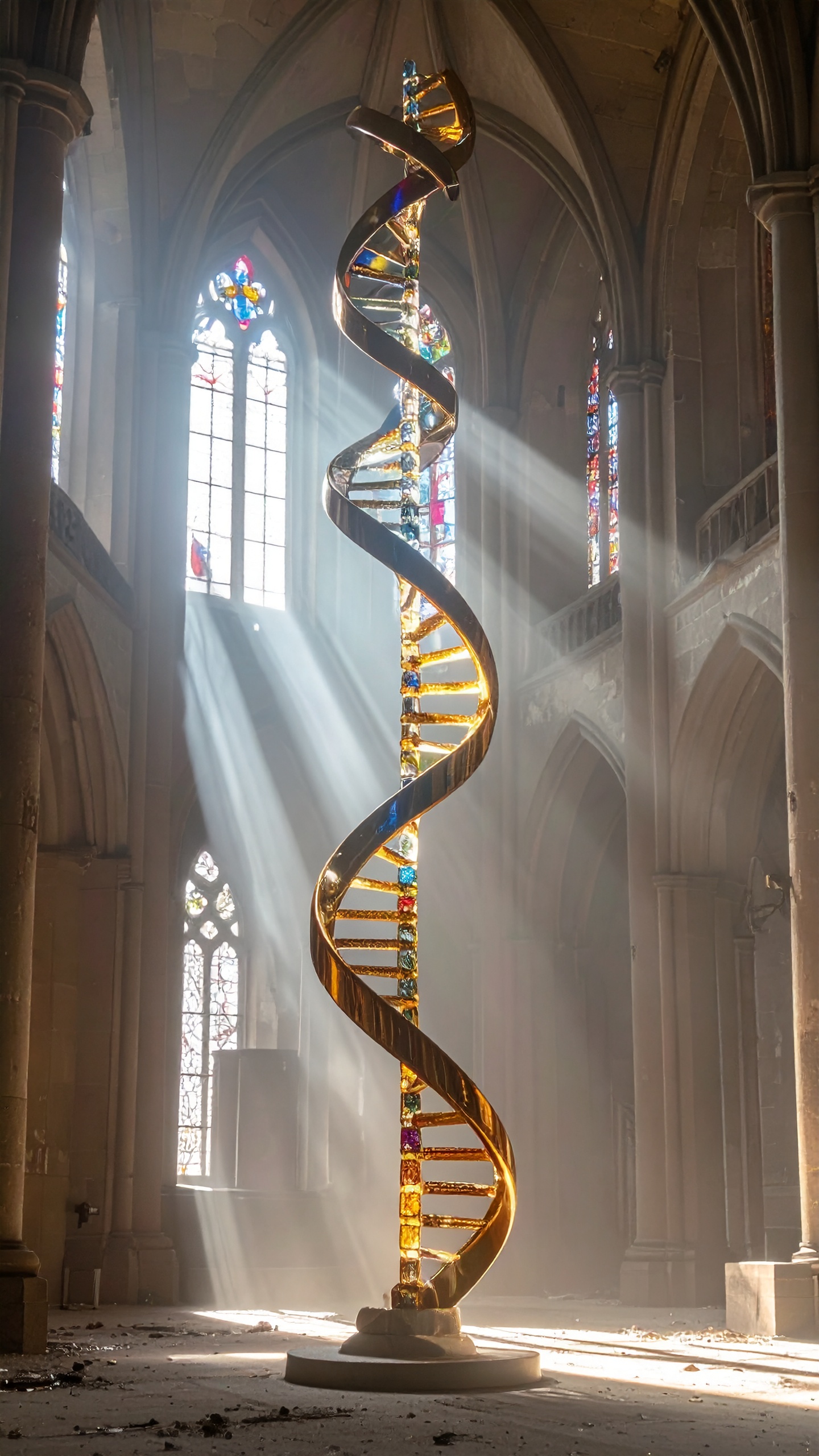 A golden DNA sculpture stands majestically inside a cathedral, illuminated by streams of sunlight th