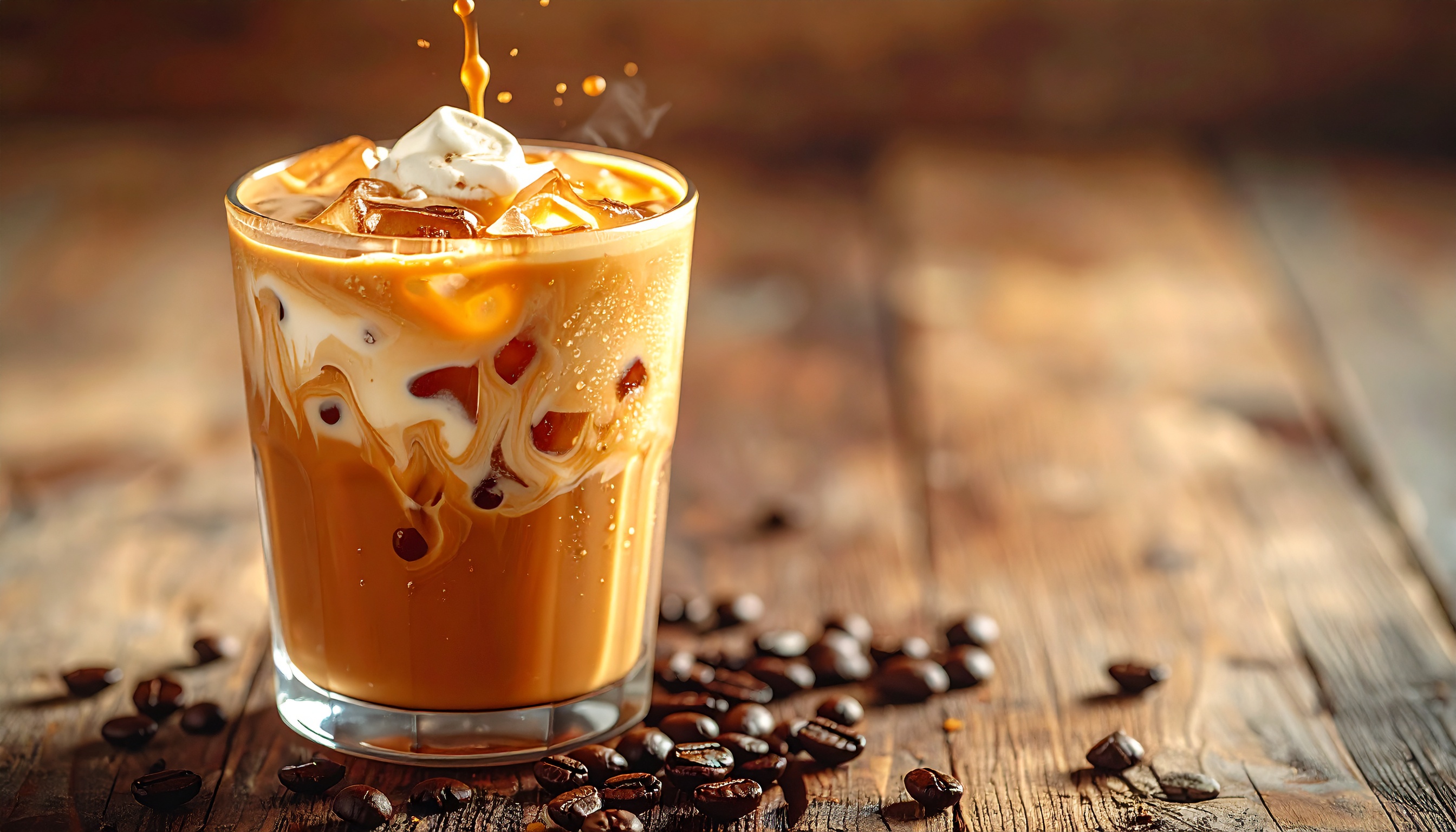 A refreshing iced coffee sits on a rustic wooden table, showcasing swirls of cream mixing