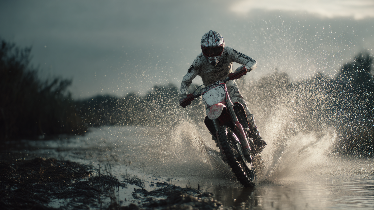 Motociclista atravessando uma poça de água com uma moto off-road, criando um spray de água enquanto pilotando em um ambiente natural ao entardecer.