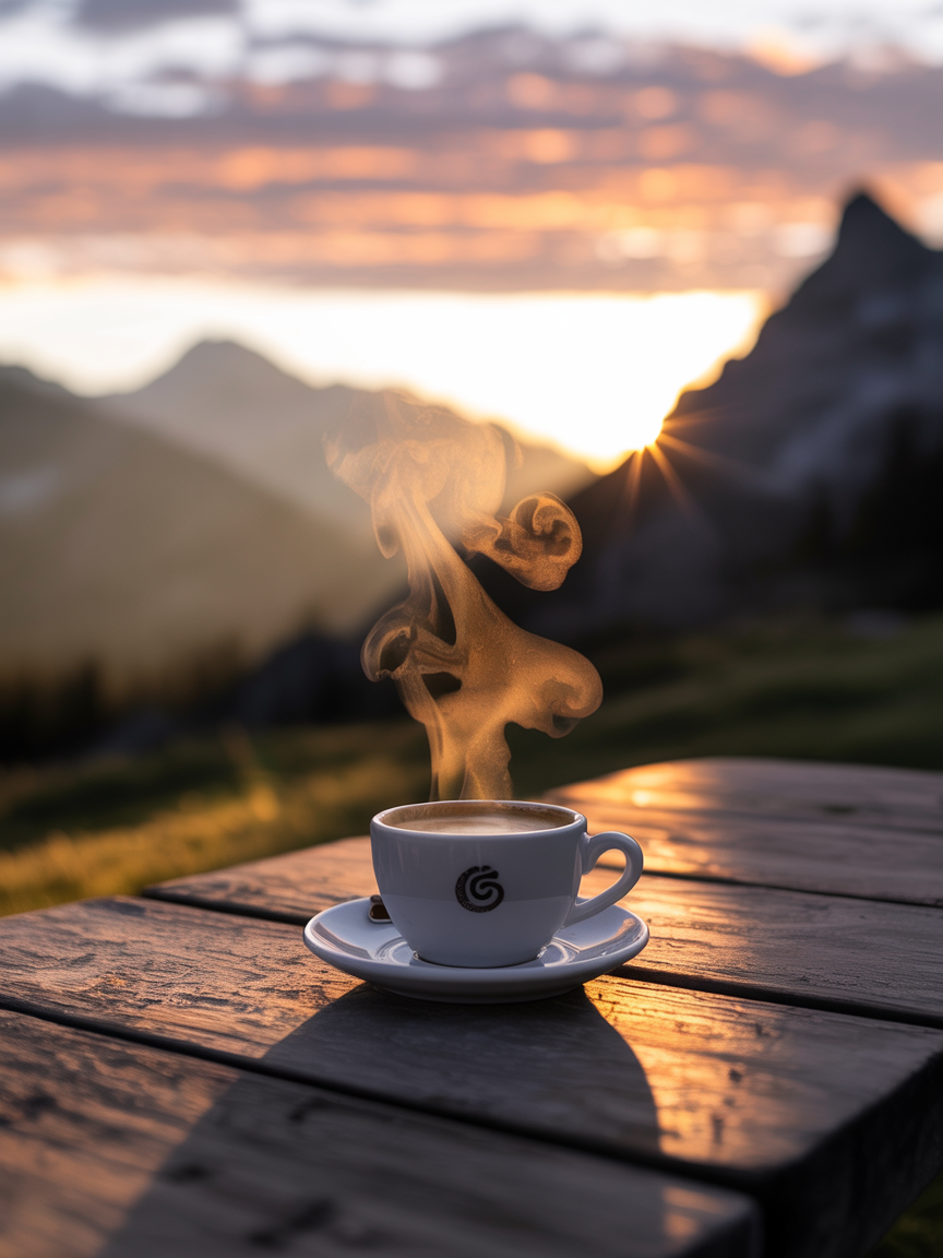 Steaming Coffee Cup on Wooden Table at Sunset