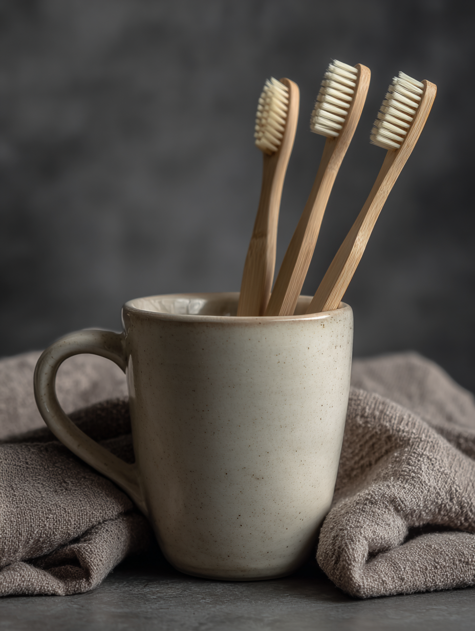 Três escovas de dentes de bambu em um copo de cerâmica bege sobre uma toalha de tecido natural. A imagem transmite uma sensação de sustentabilidade e estilo minimalista, destacando produtos ecológicos em um ambiente doméstico aconchegante.
