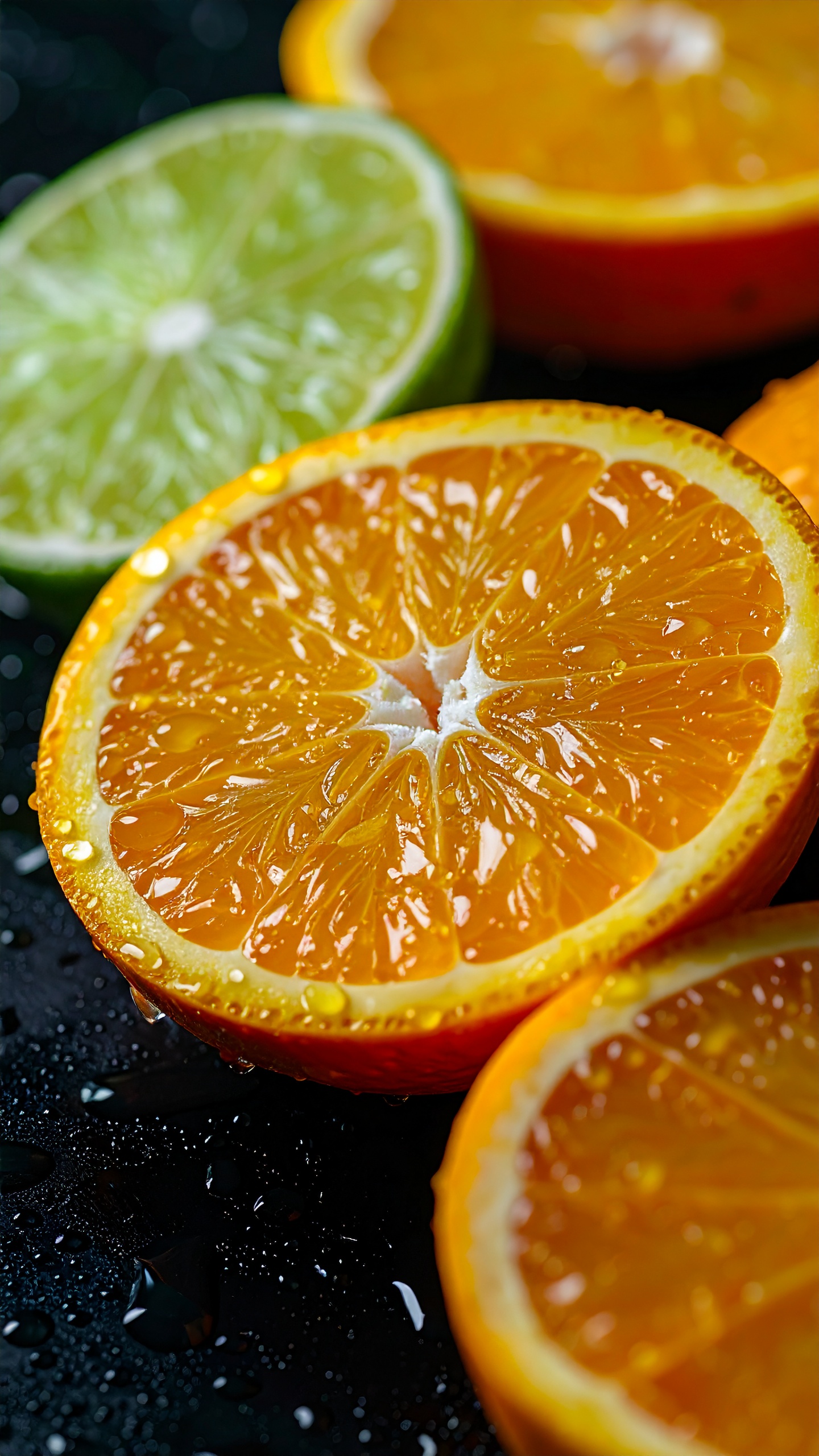 Fresh Orange and Lemon Slices on Dark Surface