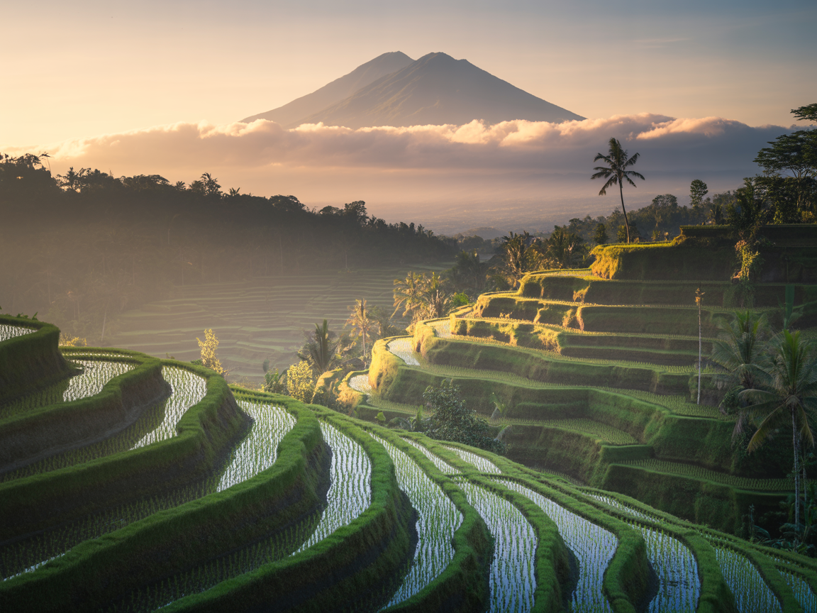 Terraços de arroz exuberantes emoldurados por montanhas majestosas ao fundo evocam a serenidade de uma paisagem rural tropical. Esta cena é ideal para promover destinos turísticos ou produtos relacionados à natureza e sustentabilidade. O contraste entre os campos verdes e o céu dourado ao pôr do sol cria uma imagem visualmente marcante e revigorante. Usar essa imagem em campanhas de turismo ou em materiais que destacam a beleza natural pode ser altamente eficaz. A composição harmoniosa da paisagem ressalta a tranquilidade e a beleza intocada do local.