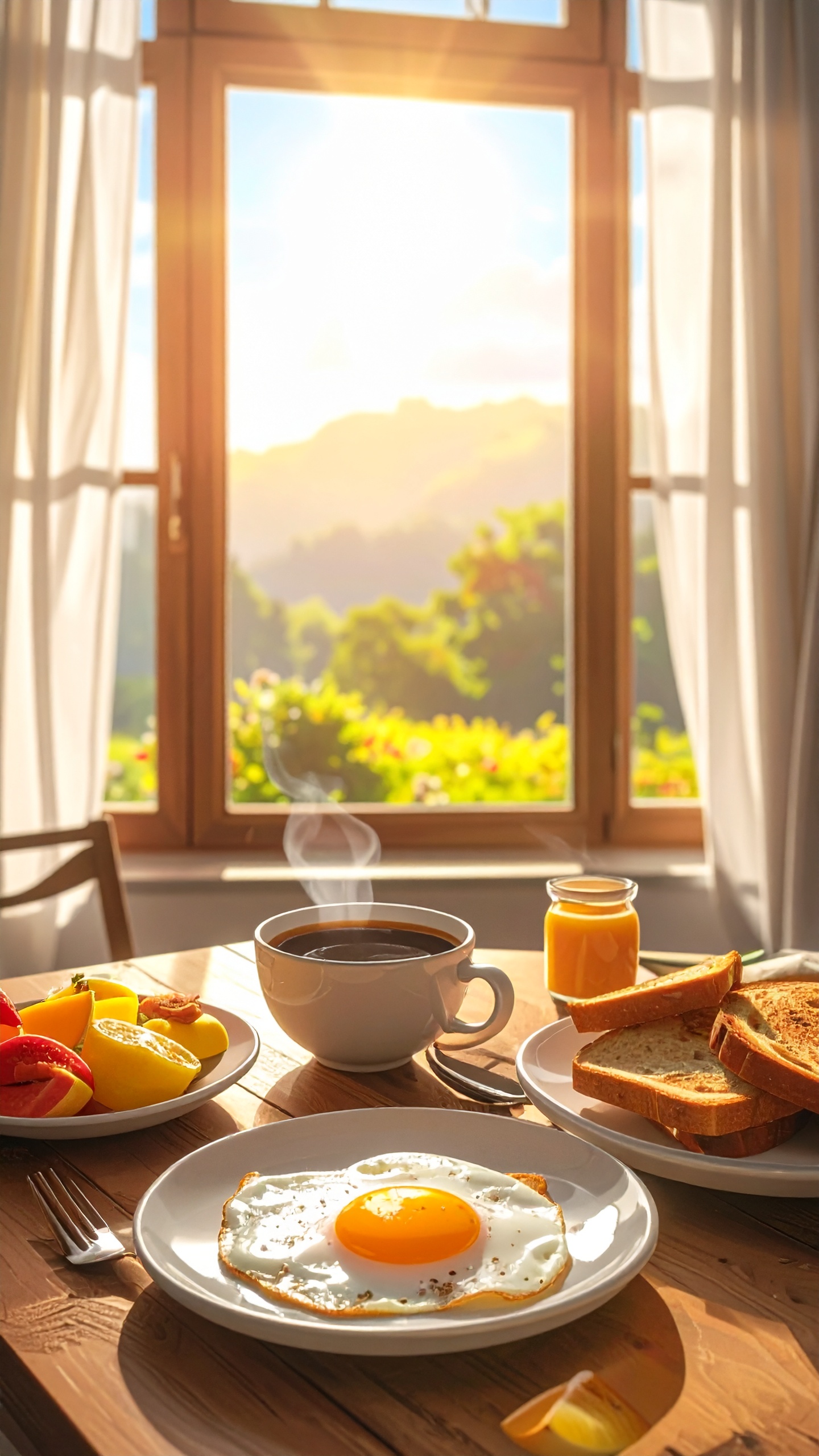 A sunlit breakfast scene features a perfectly cooked sunny side up egg, fresh fruits, and