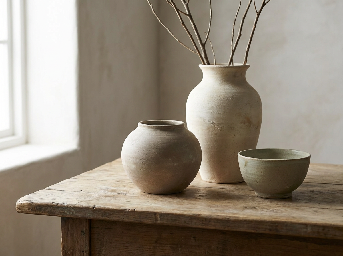 Rustic ceramic vases and bowl on a wooden table add natural elegance to any space