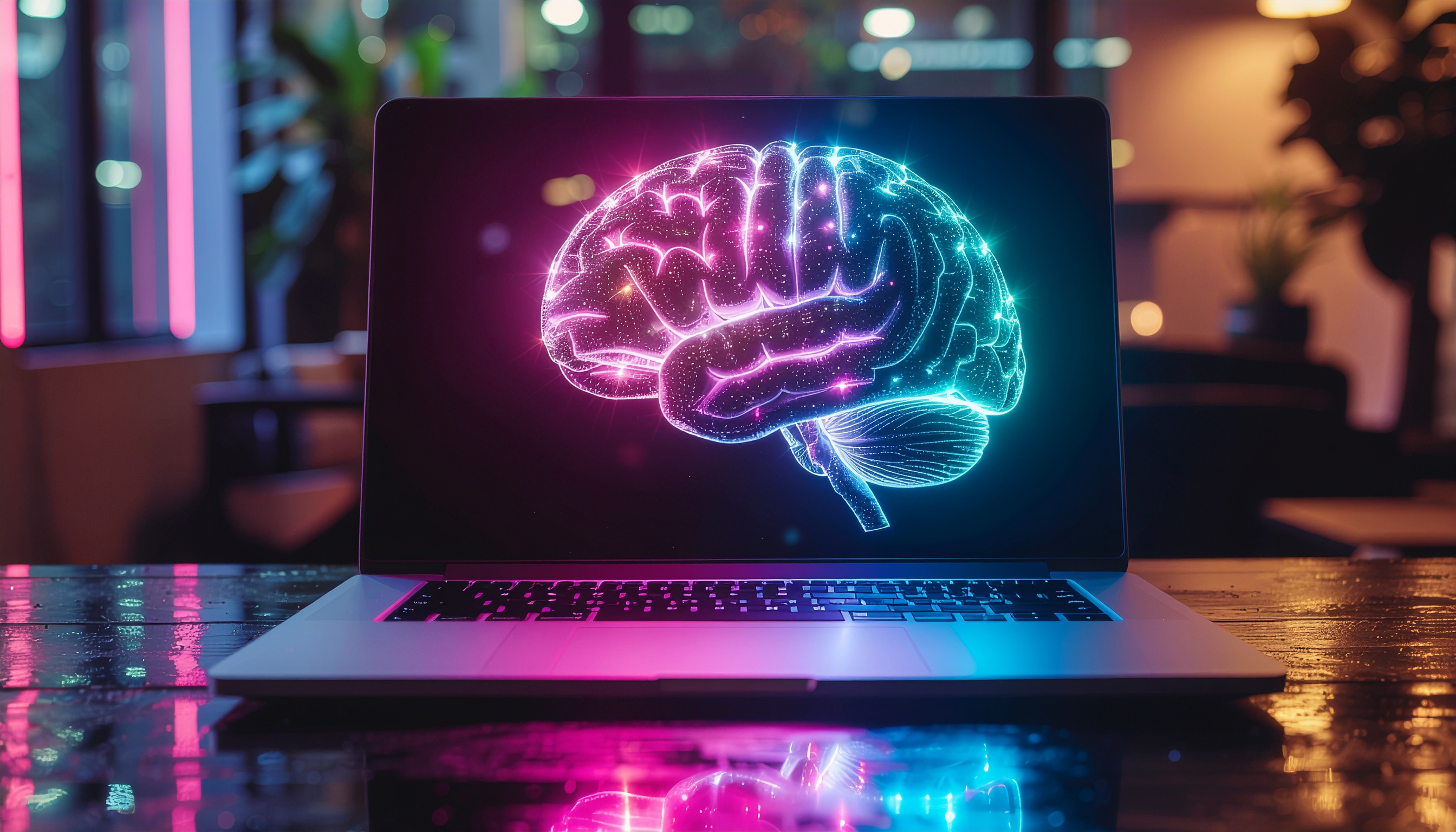 Tela de laptop mostrando ilustração digital de cérebro com cores neon azul e rosa, em ambiente noturno moderno com iluminação suave, criando um contraste vibrante e futurista. A composição centralizada destaca a tecnologia e inovação, com reflexo na mesa de madeira polida aumentando a profundidade visual.
