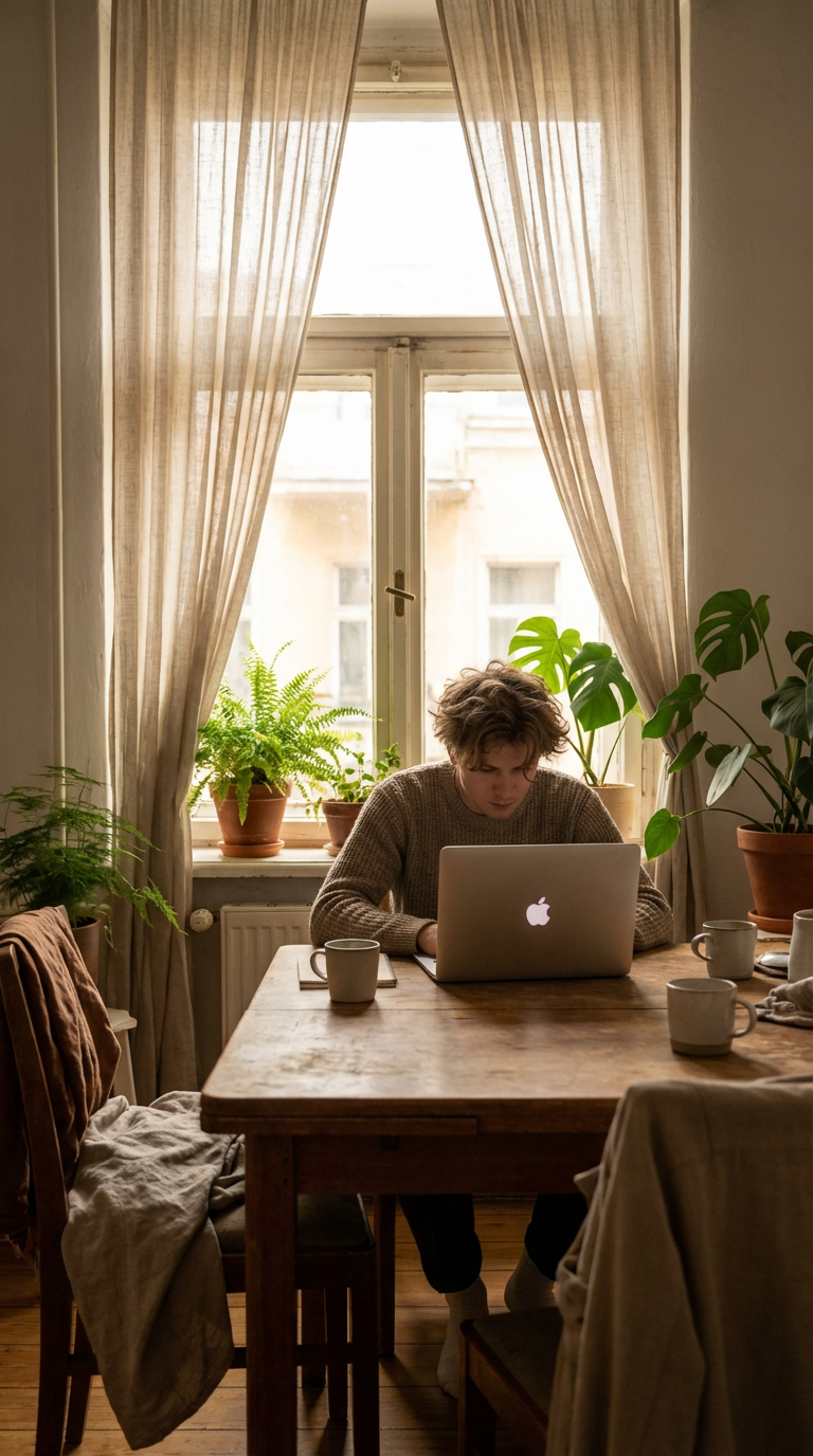 A cozy home office setup with a person working on a laptop at a wooden table