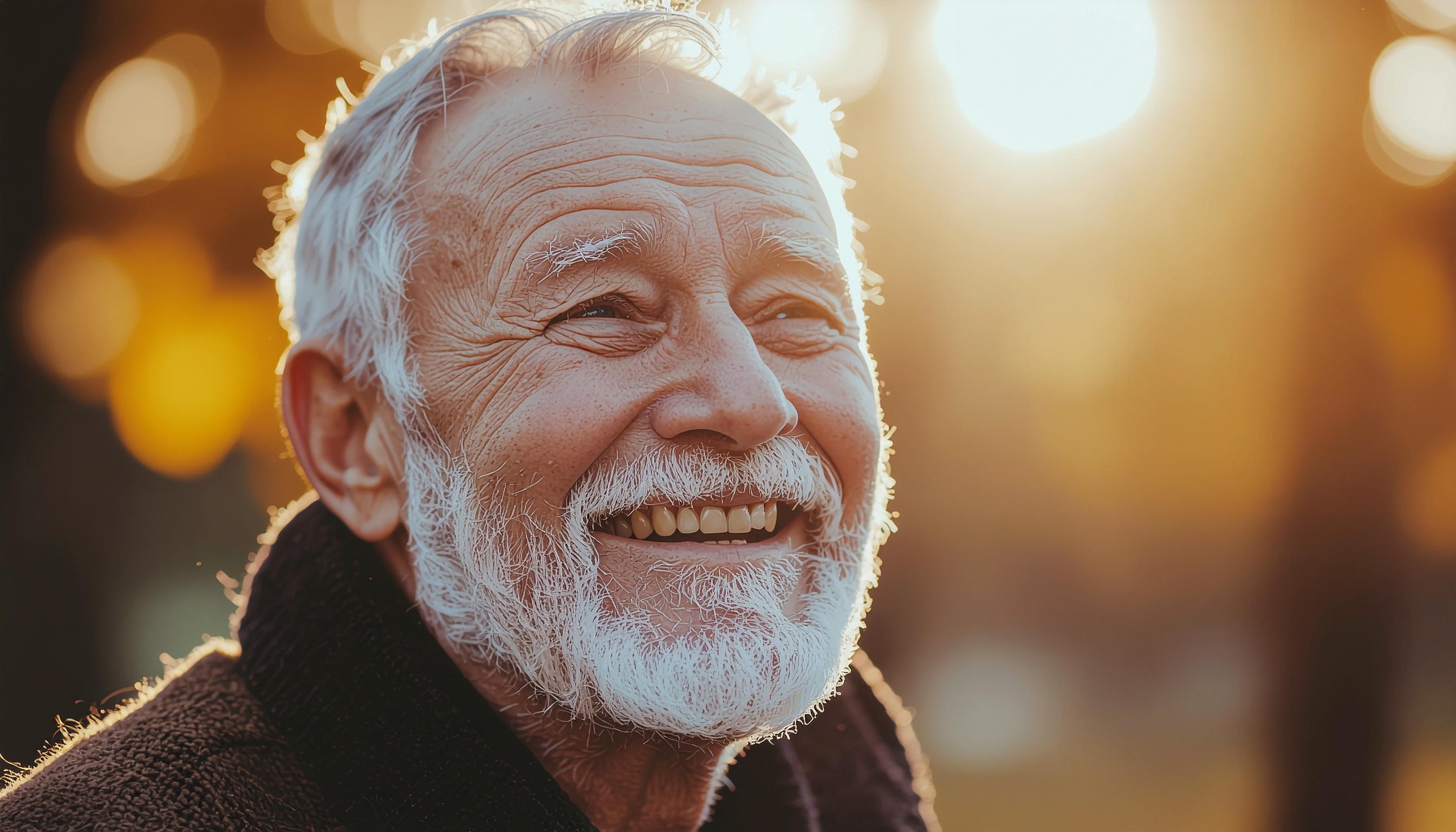 An elderly man with a joyful smile is illuminated by the warm glow of the setting sun