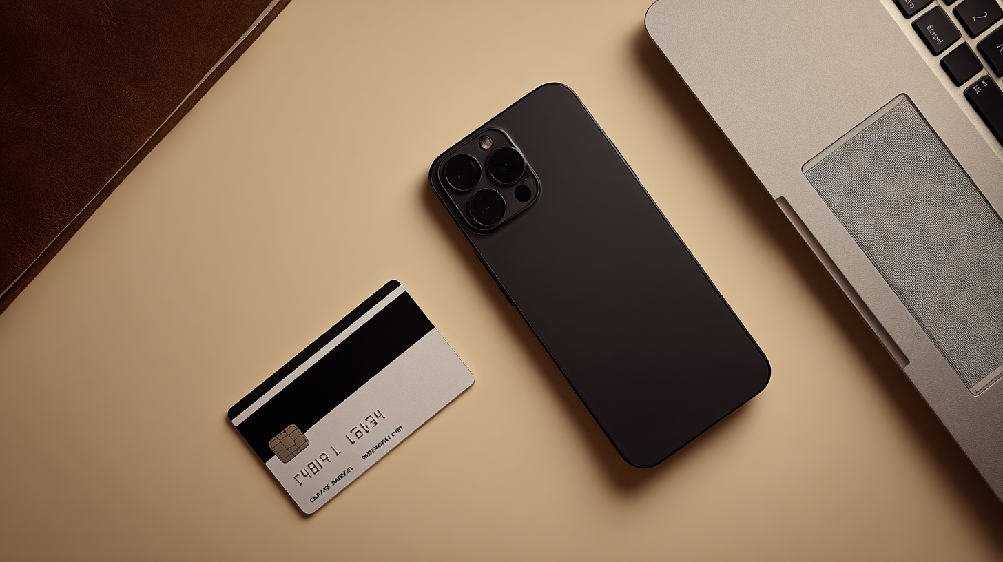 Imagem minimalista de um smartphone moderno e preto ao lado de um cartão de crédito e um laptop sobre uma superfície bege clara, com iluminação suave. A composição é ordenada e elegante, destacando a tecnologia com ângulos retos e foco preciso.