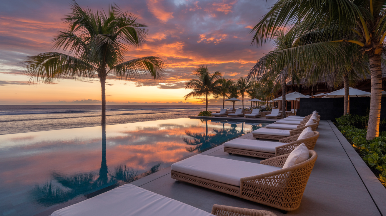 Piscina infinita ao pôr do sol com palmeiras criando um cenário paradisíaco. Ideal para resorts de luxo ou locais de destino que buscam atrair visitantes em busca de relaxamento. As espreguiçadeiras elegantes e o reflexo do céu na água destacam o luxo e a serenidade do ambiente. Ambientes assim são perfeitos para férias de verão ou escapadas românticas. A beleza natural combinada com o design sofisticado oferece uma experiência única e memorável.