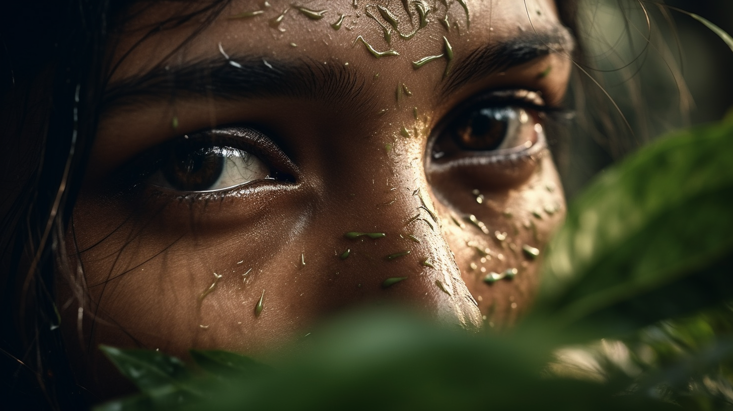 Close-up of a young woman's face partially obscured by green leaves, with droplets of water and plant debris on her skin, capturing a natural and serene connection to nature.