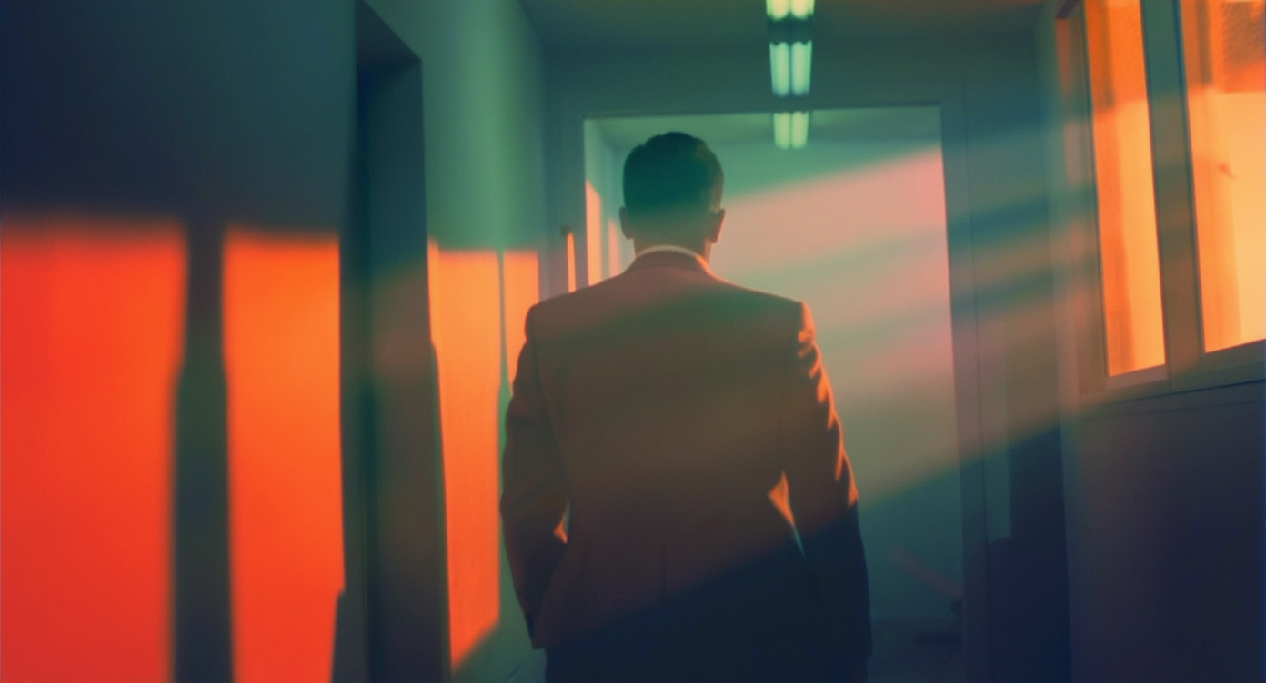 Homem de costas em corredor iluminado por luzes fluorescentes e janelas, criando contraste entre tons quentes alaranjados e frios azulados, atmosfera dramática e misteriosa.
