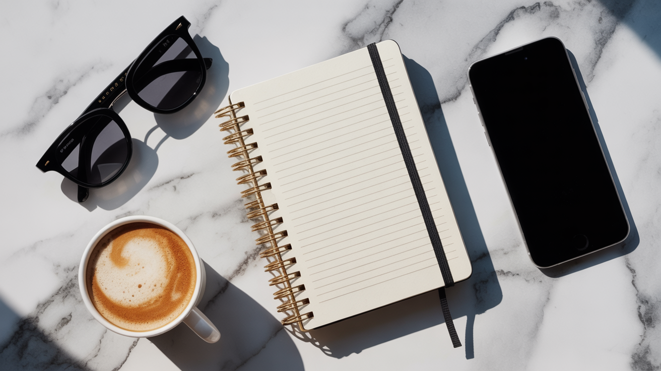 Minimalist Scene with Black Sunglasses, Beige Spiral Notebook, and Smartphone on White Marble Surface