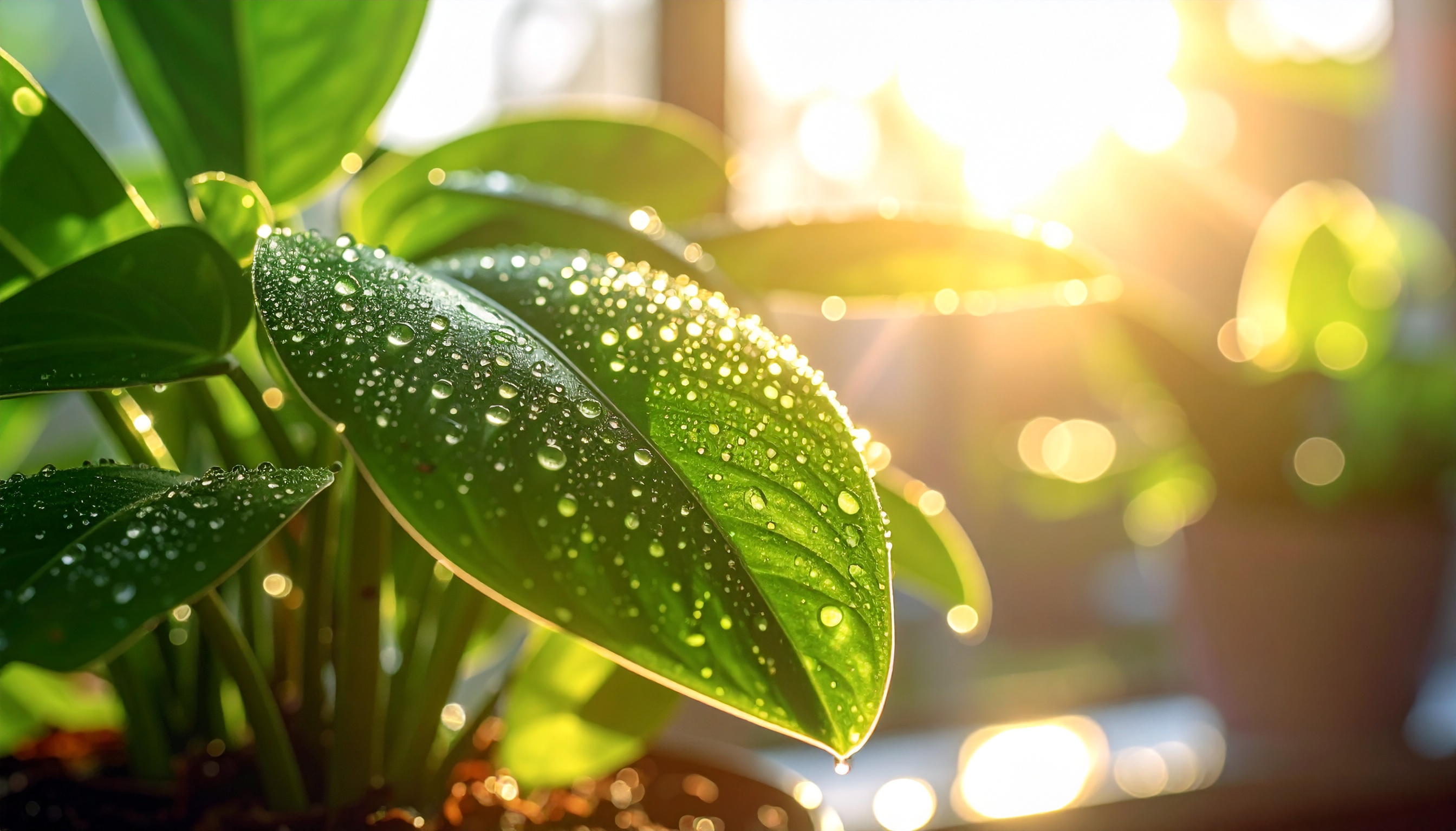Green Leaves with Dew Drops Sparkle in Golden Sunlight