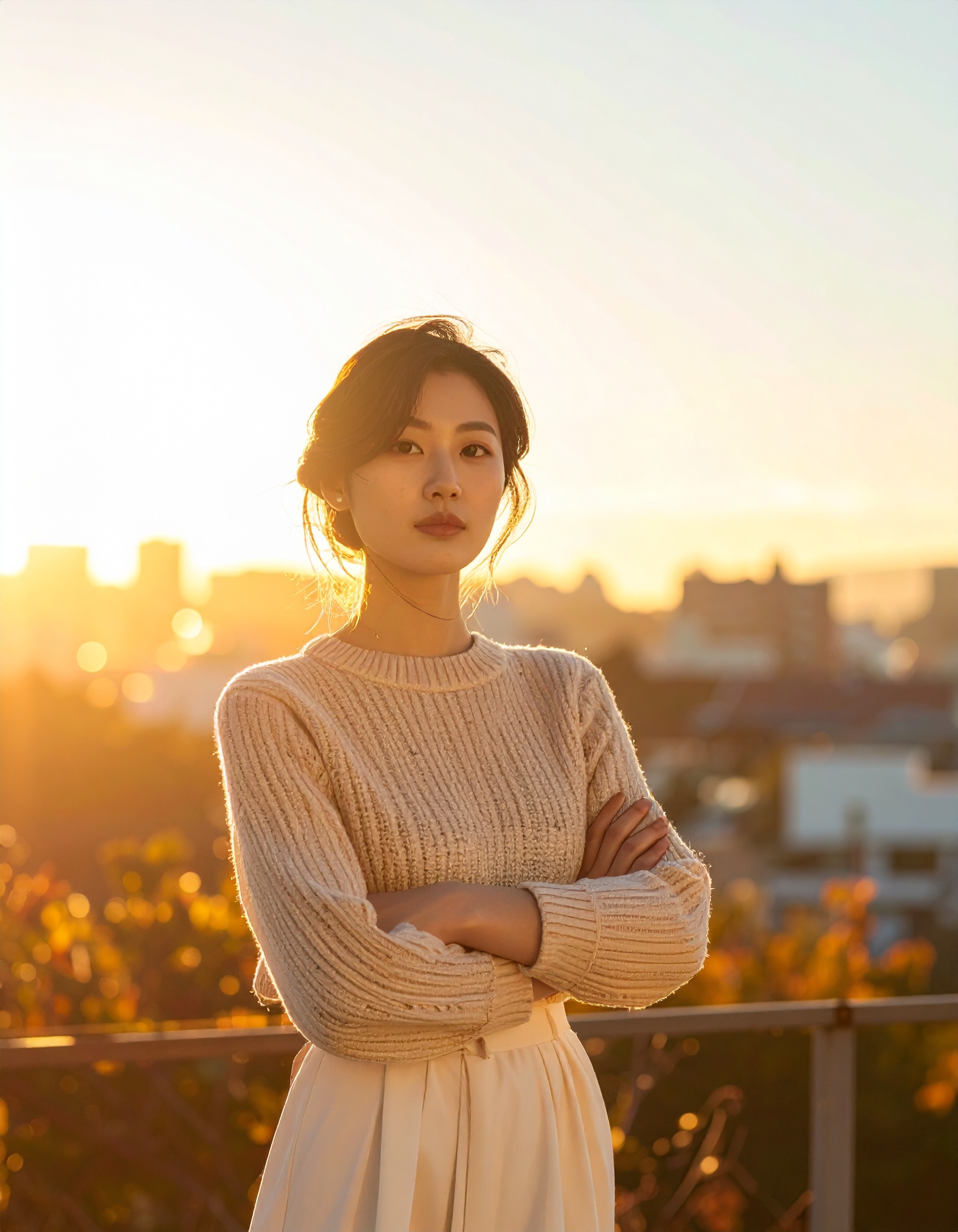 A woman stands confidently on a rooftop at sunset, embodying elegance and poise
