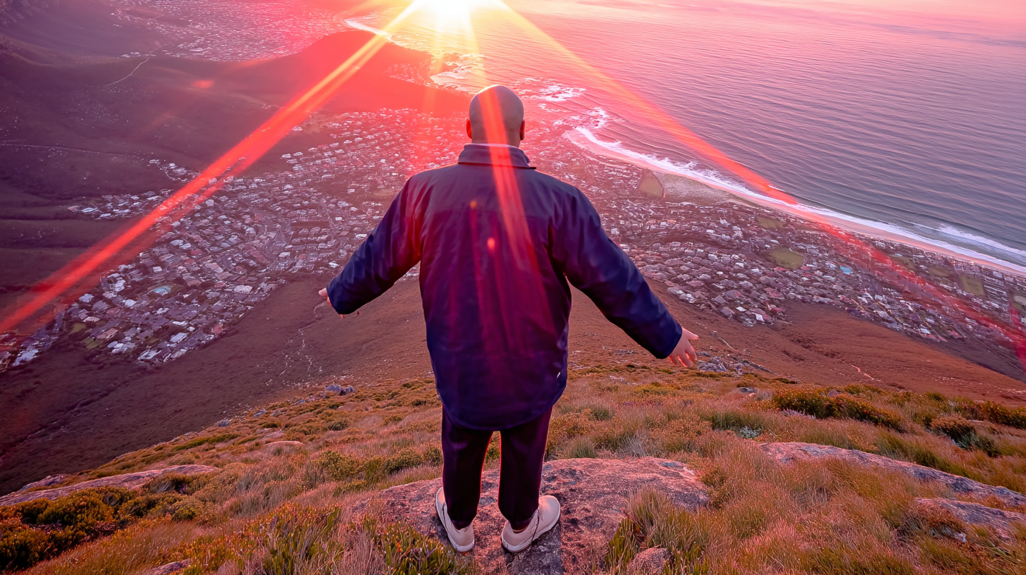 A imagem captura um pôr do sol vibrante sobre uma paisagem montanhosa, onde uma figura em roupas escuras está de pé em uma rocha, com os braços abertos, diante de uma vista panorâmica. O céu apresenta tons quentes de rosa, laranja e vermelho, enquanto a luz do sol se irradia em feixes. Abaixo, uma cidade costeira é visível, com casas dispostas em padrões organizados, e o mar se estende até o horizonte, refletindo as cores do céu.