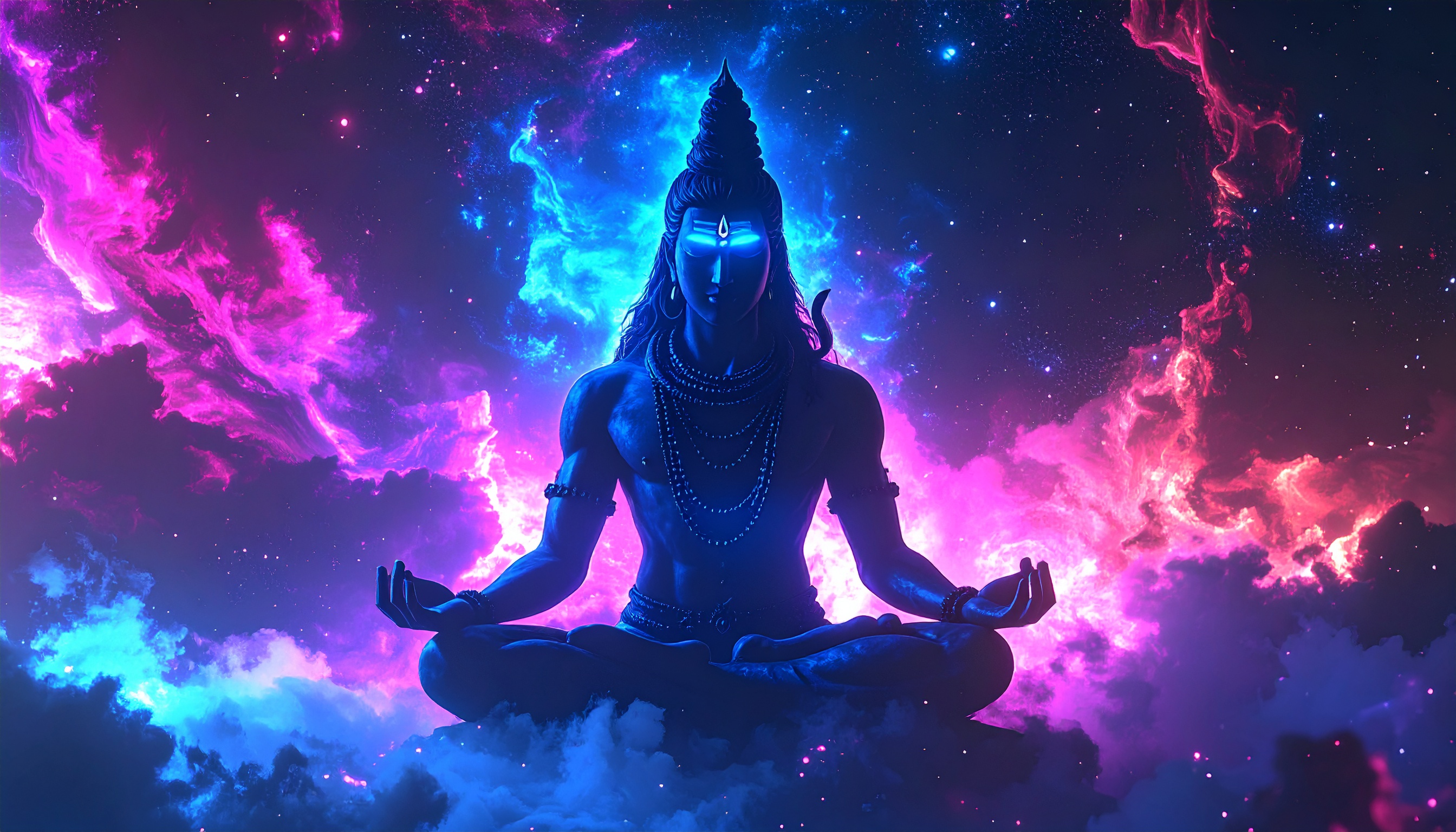 A cosmic depiction of a meditative figure surrounded by vibrant nebulae