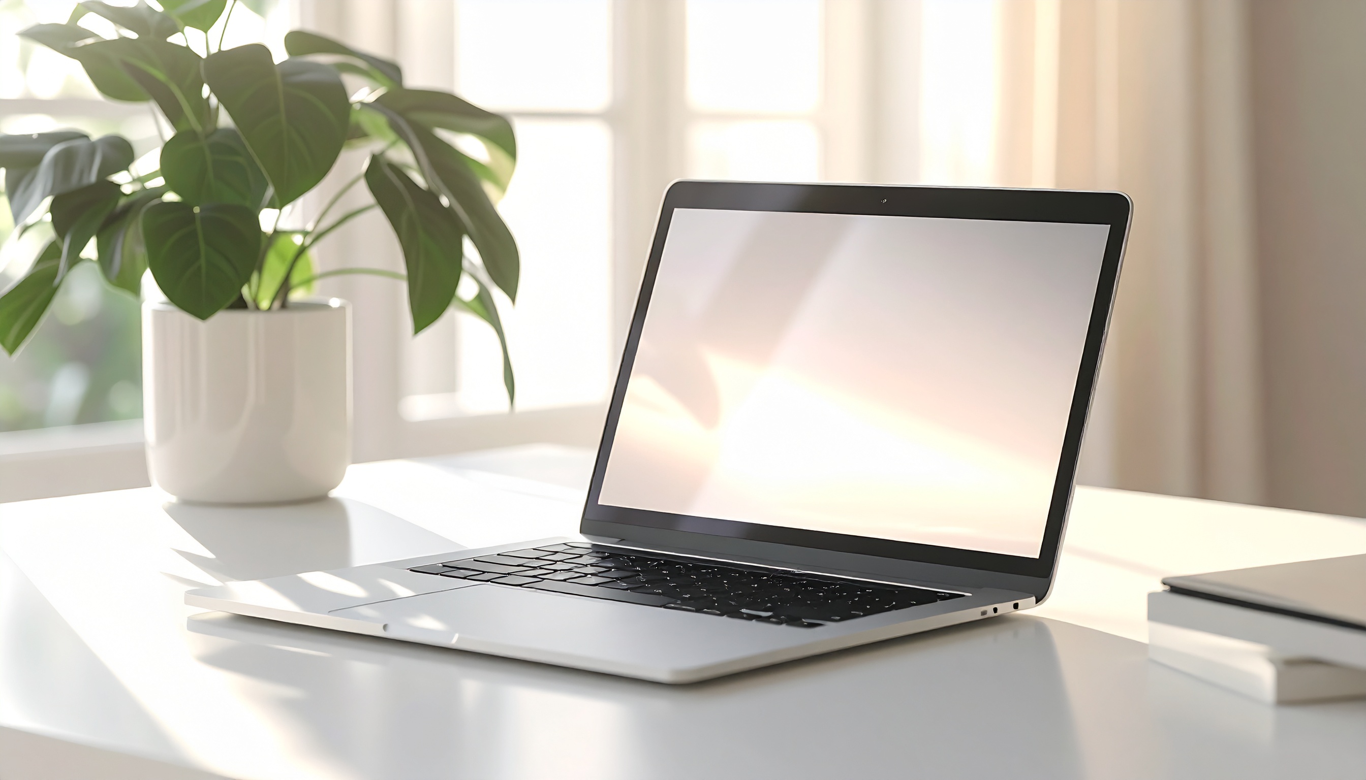 Um laptop moderno sobre uma mesa branca ao lado de uma planta em vaso, iluminado por luz natural suave vinda de uma janela. A cena transmite tranquilidade e minimalismo, com um design clean e elegante. O foco está no laptop, que tem a tela em branco, refletindo a luz, enquanto a planta adiciona um elemento orgânico à composição.
