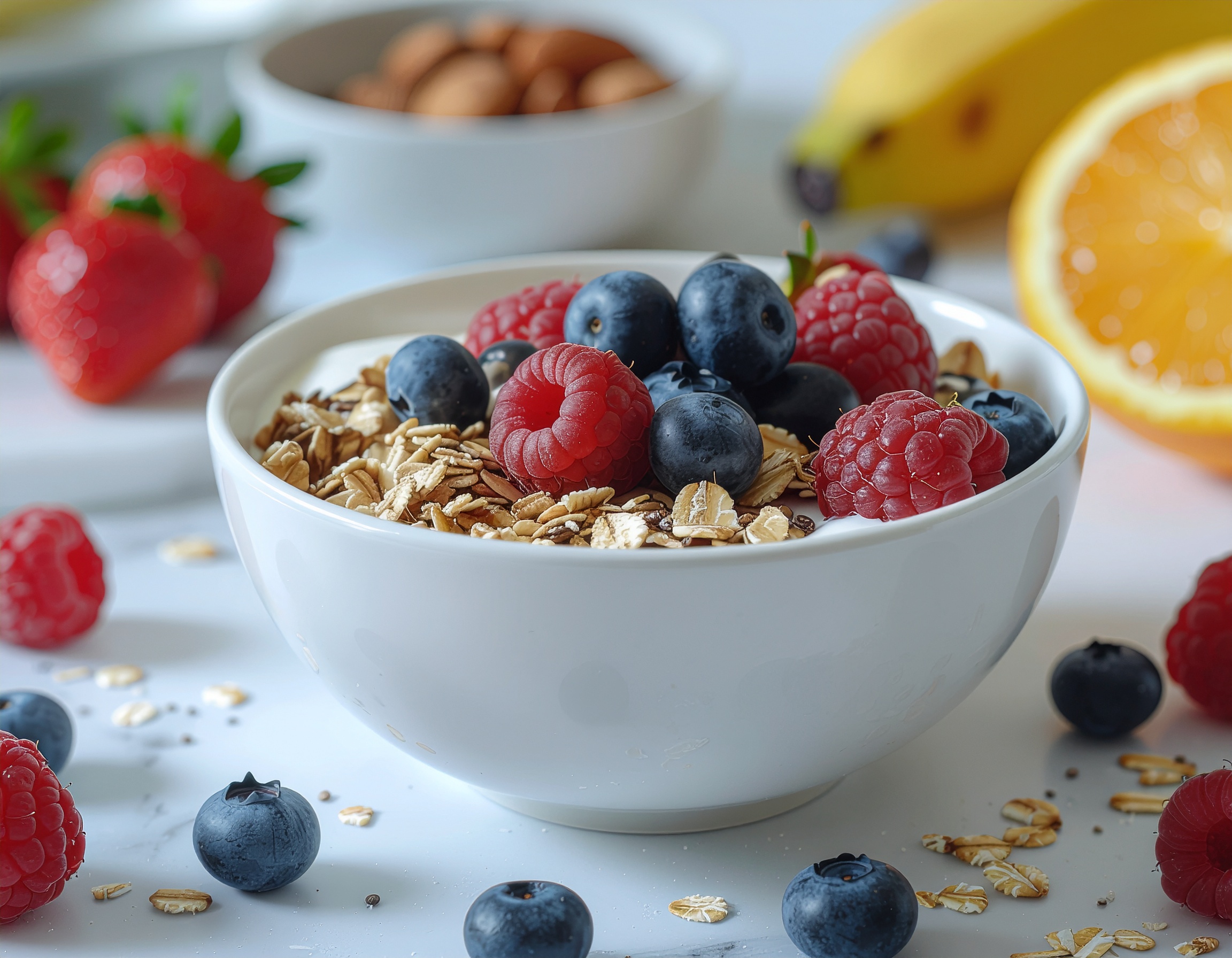 White Bowl of Cereal with Fresh Berries