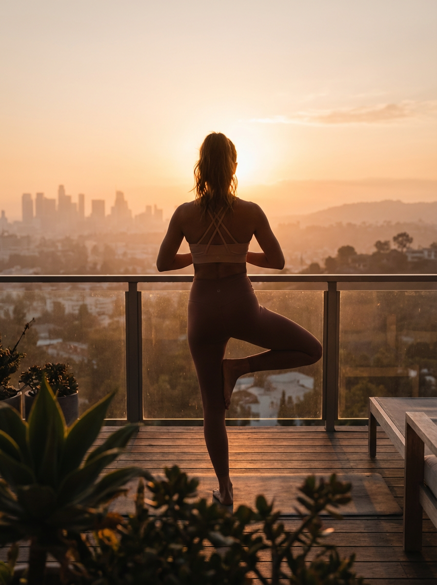 A woman practices yoga on a balcony during a serene sunset, overlooking a cityscape
