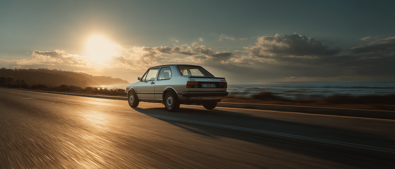 Um carro clássico em movimento na estrada à beira-mar durante o pôr do sol, com montanhas ao fundo e nuvens no céu, capturando a essência de uma viagem relaxante e nostálgica.