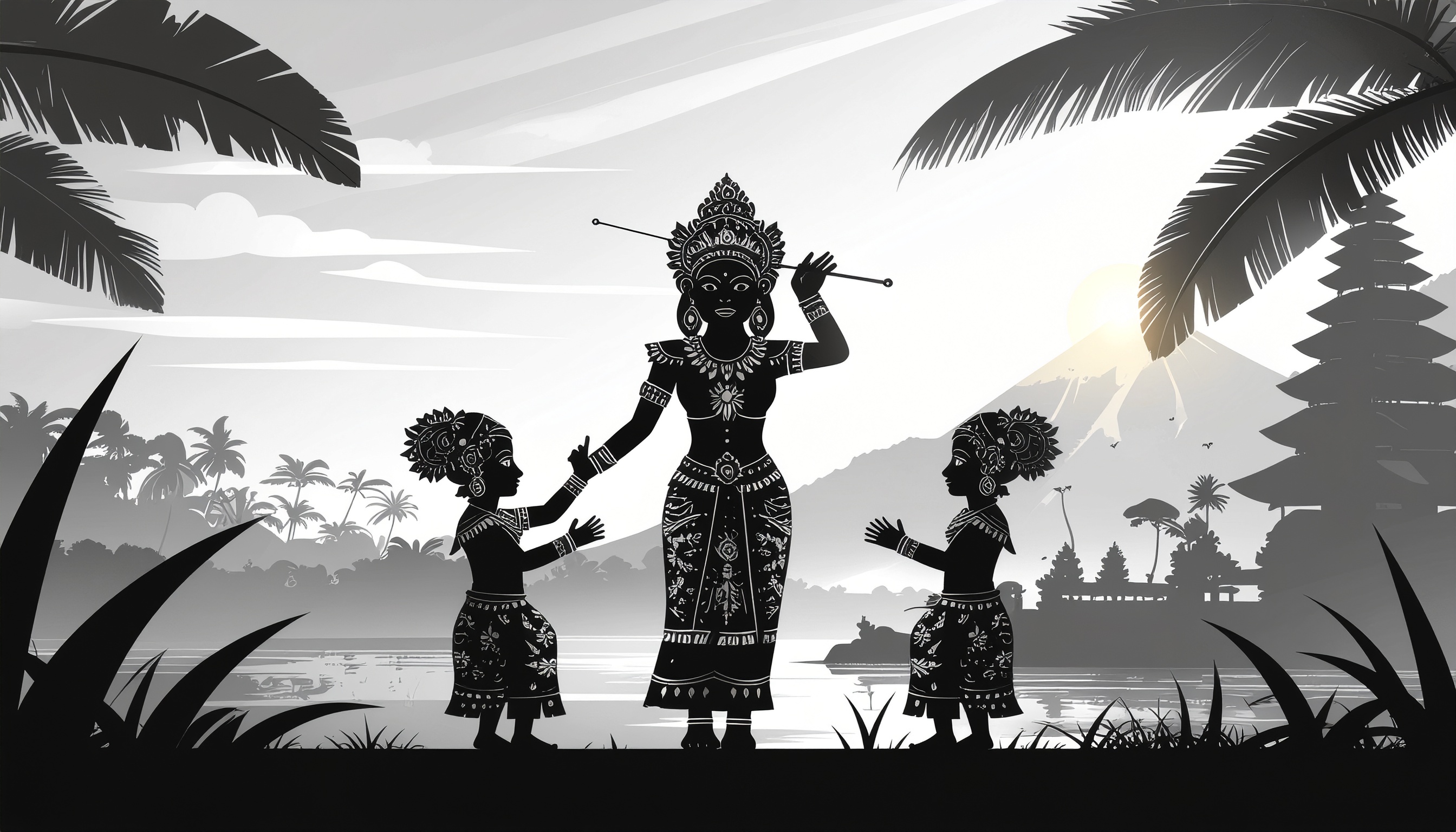 Ilustração em preto e branco de uma cena cultural balinesa com figuras tradicionais. Este tipo de arte é usado para destacar a riqueza cultural e tradicionais de Bali em contextos educacionais e turísticos. O design detalhado das vestimentas e das figuras adiciona um toque elegante e autêntico. Ideal para decoração de ambientes que buscam uma atmosfera exótica e cultural. A silhueta do templo e das palmeiras ao fundo reforça a ambientação balinesa.
