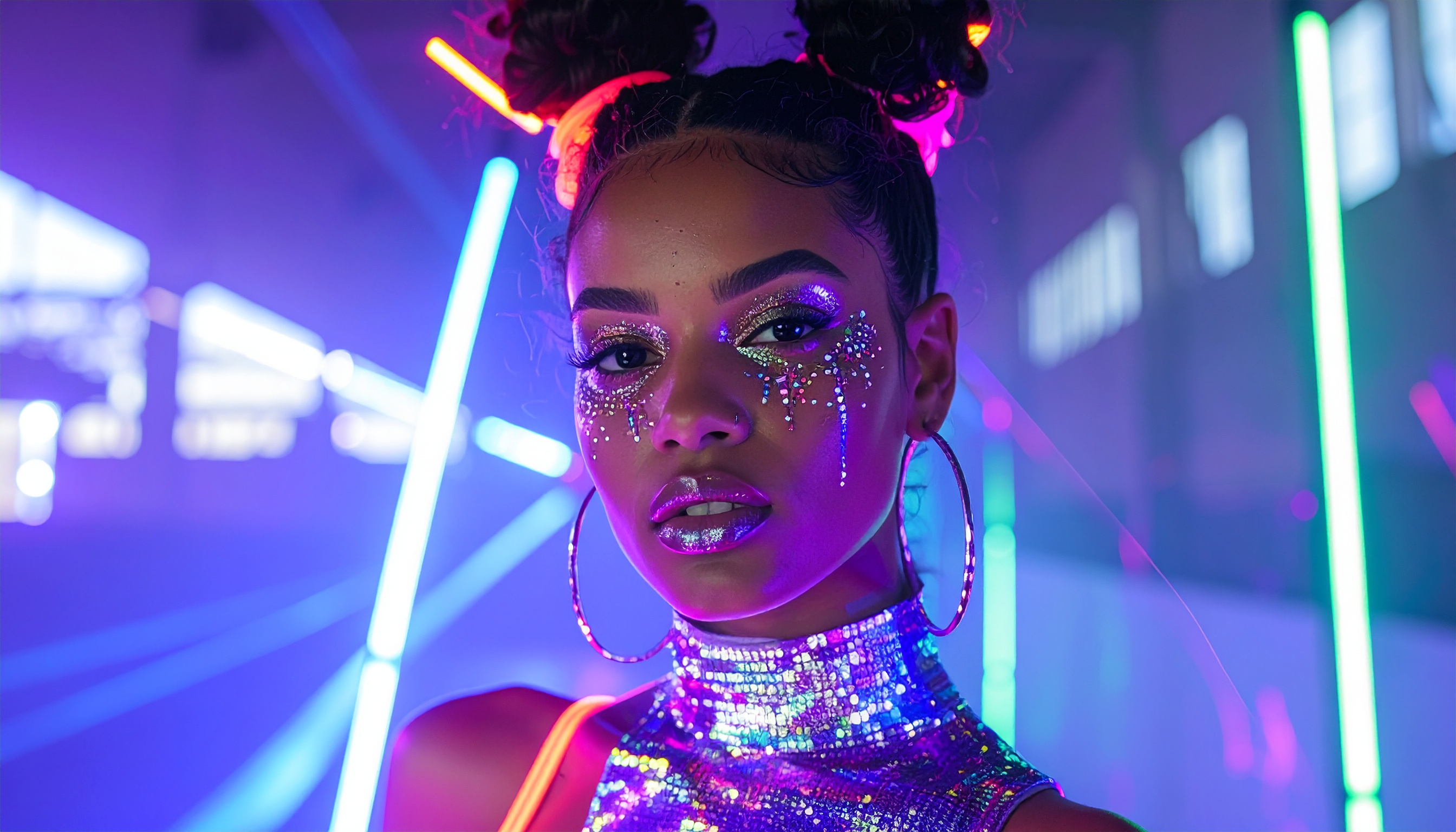 A model exhibits a striking metallic outfit under neon lights in a futuristic setting