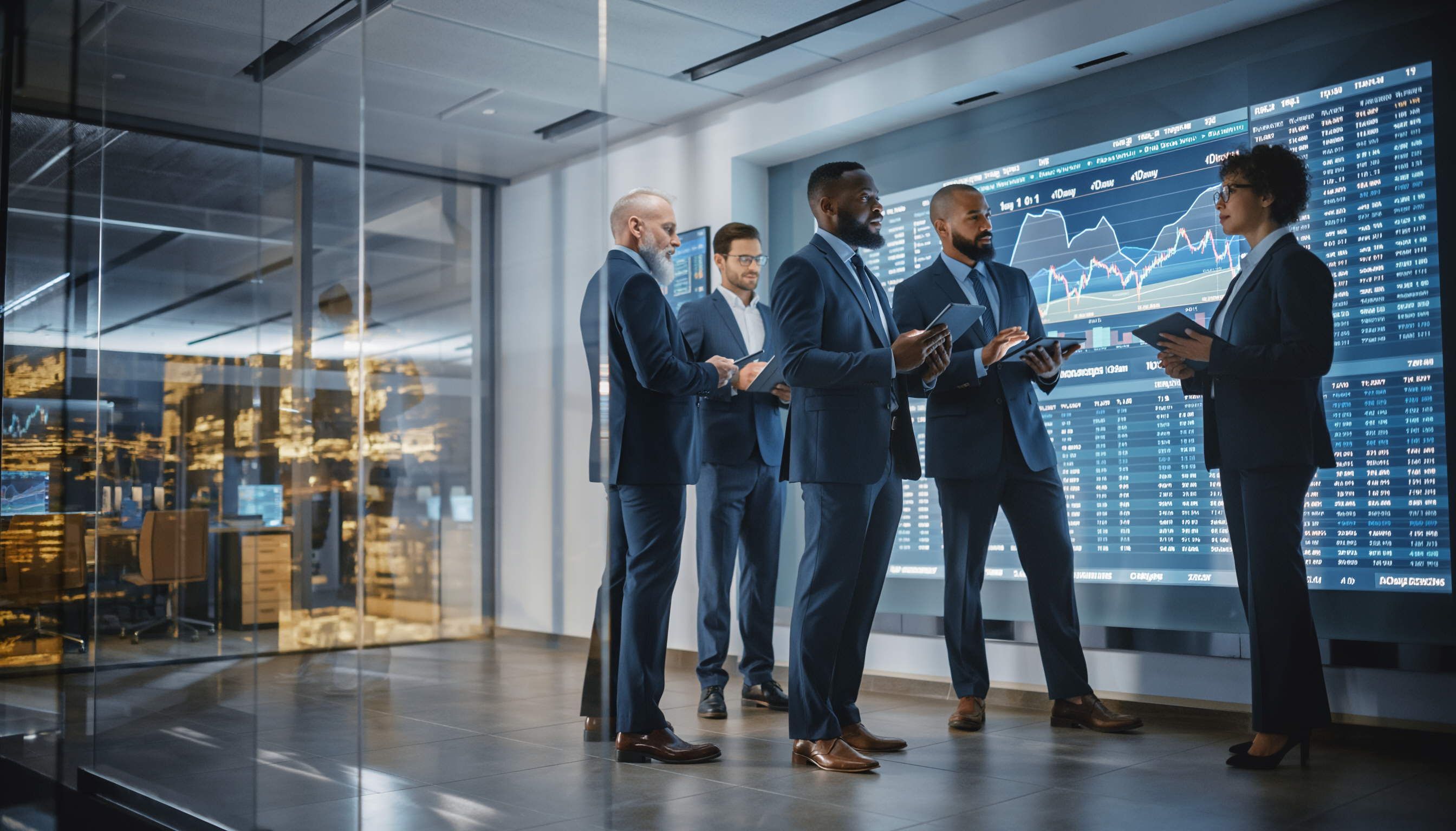 Business Professionals Discuss Financial Data in Modern Office