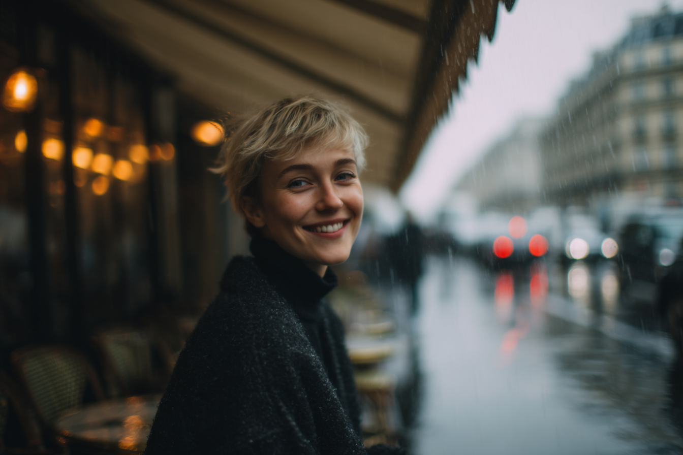 Uma jovem mulher sorridente com cabelo curto e desgrenhado, usando um suéter escuro, sentada em um café ao ar livre em um dia chuvoso. O fundo desfocado mostra um ambiente urbano com edifícios e carros passando, destacando a atmosfera acolhedora e melancólica da cena.