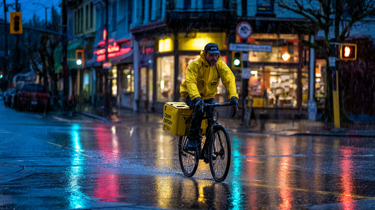 A imagem captura um ciclista em um dia chuvoso, vestido com uma jaqueta amarela brilhante, pedalando por uma rua molhada. Reflexos vibrantes de luzes coloridas são visíveis na superfície da água, criando um efeito visual dinâmico. O ambiente urbano é composto por lojas e semáforos, enquanto a chuva adiciona textura e um sentido de movimento à cena.