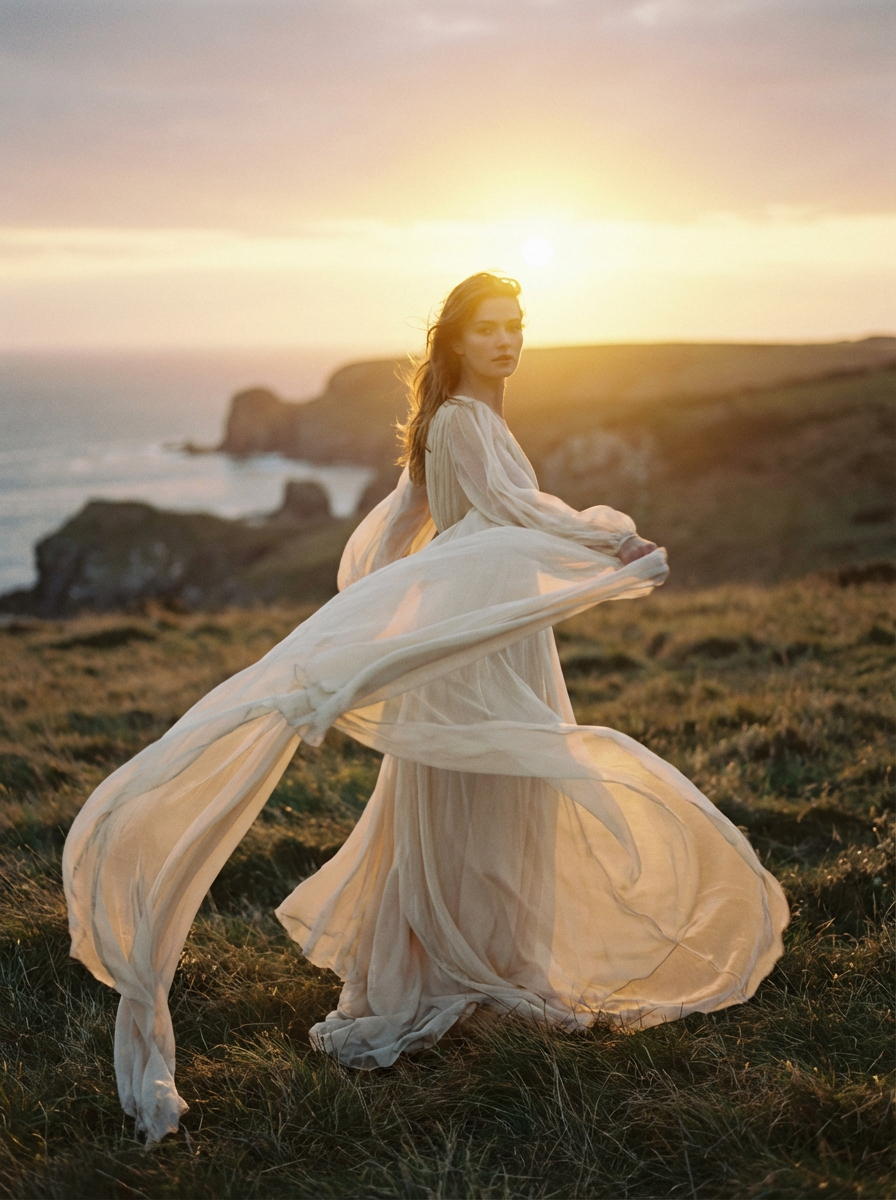A woman in a flowing dress stands on a grassy cliff at sunset, creating a serene atmosphere