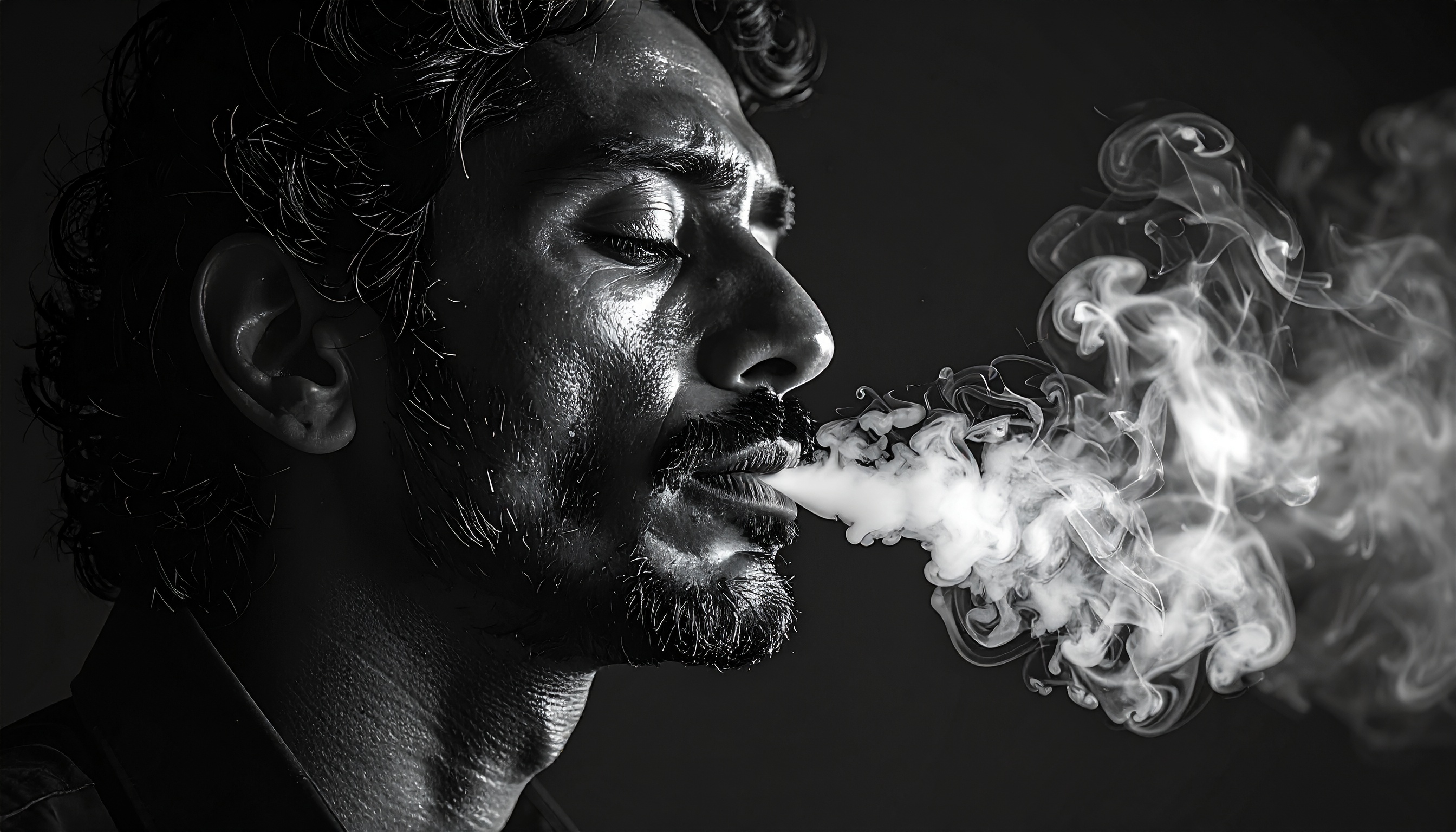 A man exhales a dense cloud of smoke against a dark background