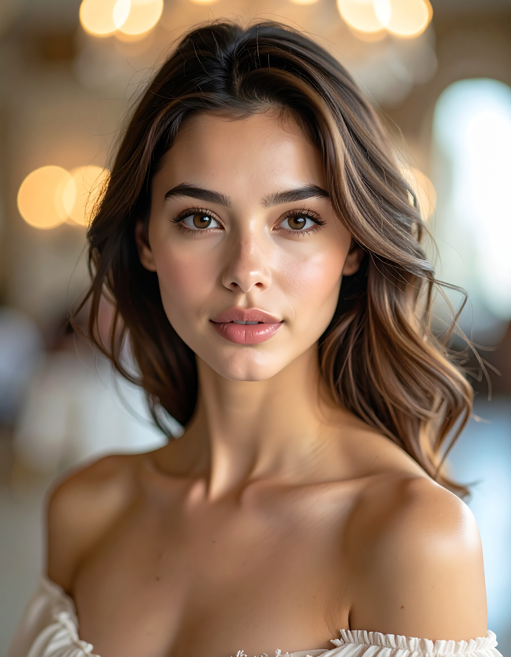 A young woman with long, wavy hair gazes into the camera, surrounded by soft, warm lighting