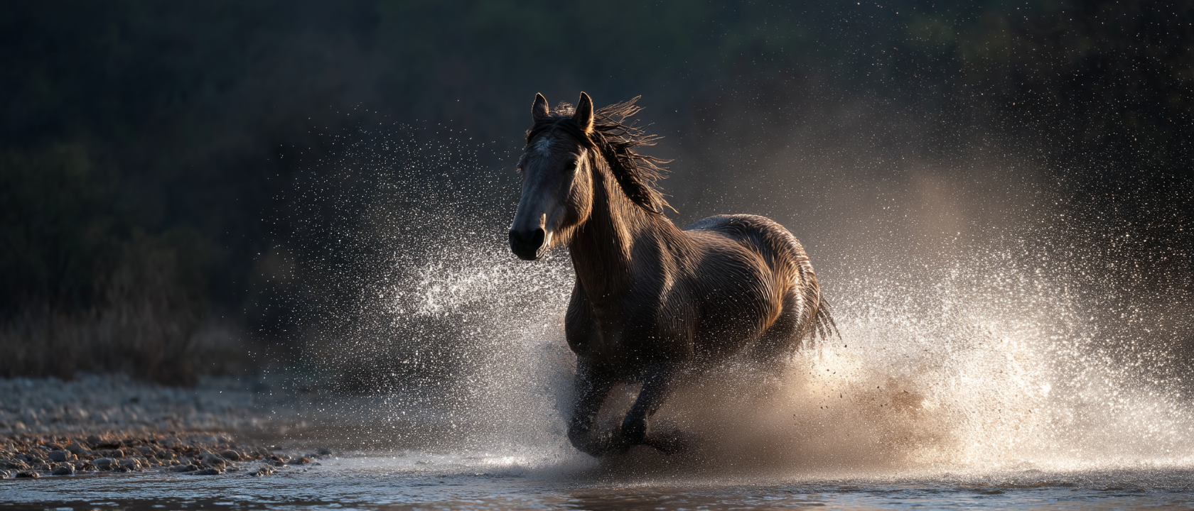 Um cavalo marrom galopando em um riacho, levantando respingos de água enquanto a luz do sol ilumina a cena. A imagem captura a beleza e a força do animal em movimento, com um fundo desfocado de vegetação.
