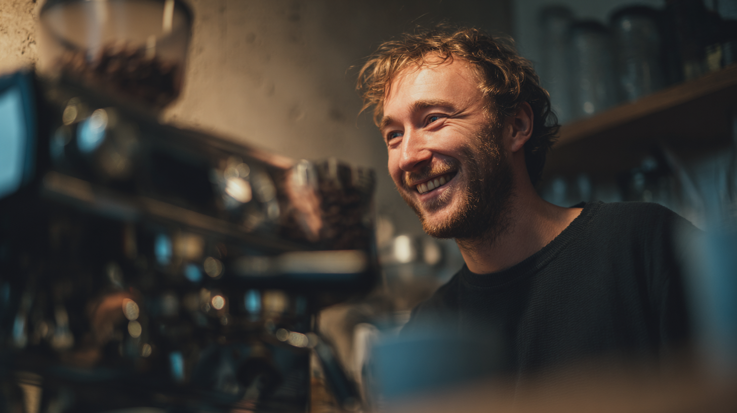 Homem sorridente em um ambiente acolhedor de cafeteria, iluminado por luz suave. A profundidade de campo destaca o rosto, enquanto uma máquina de café desfocada ocupa o primeiro plano. A composição cria uma atmosfera amigável e íntima, sugerindo um momento descontraído durante a preparação de café.