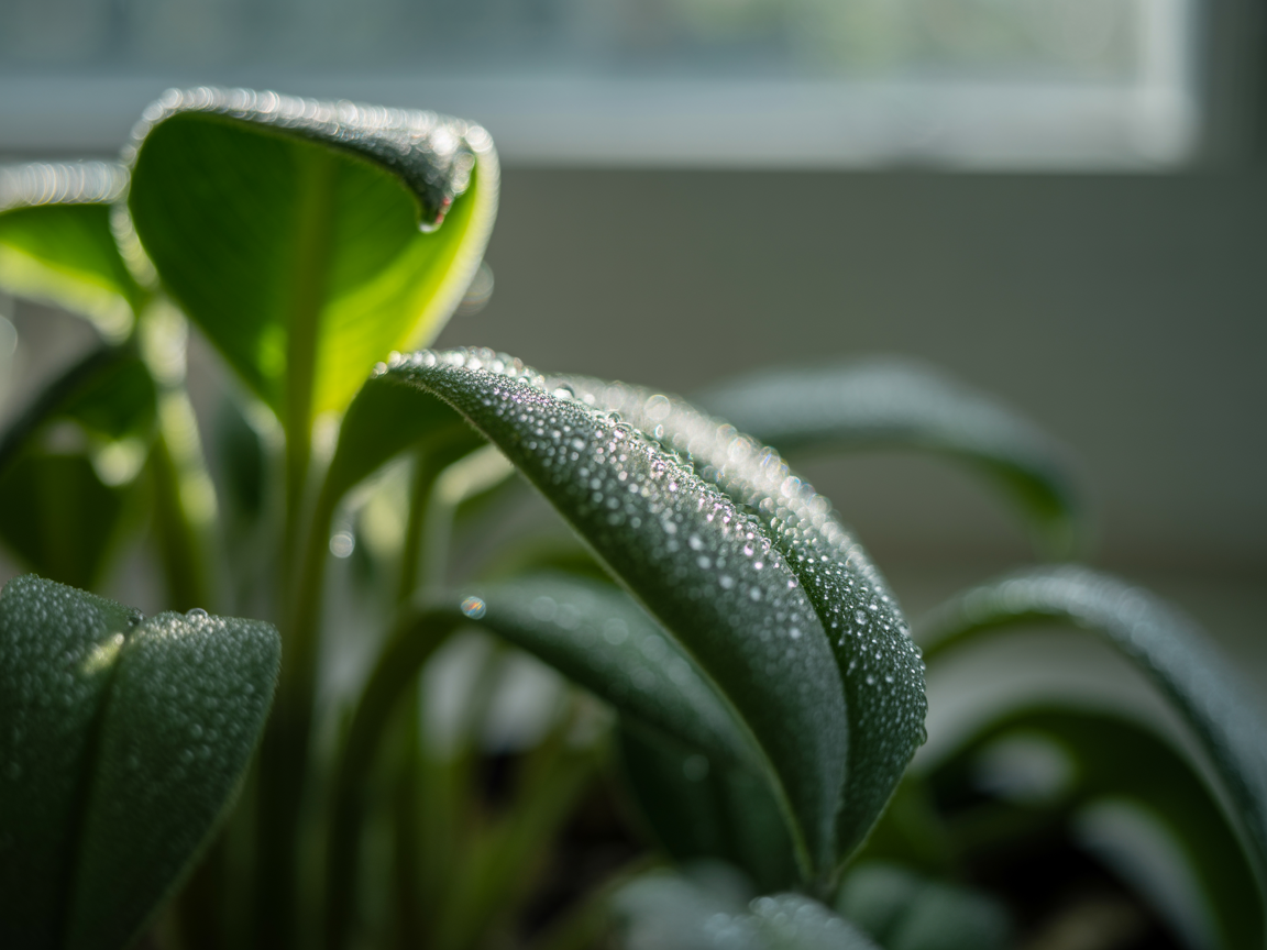 Close-Up of Green Leaves with Dew Drops